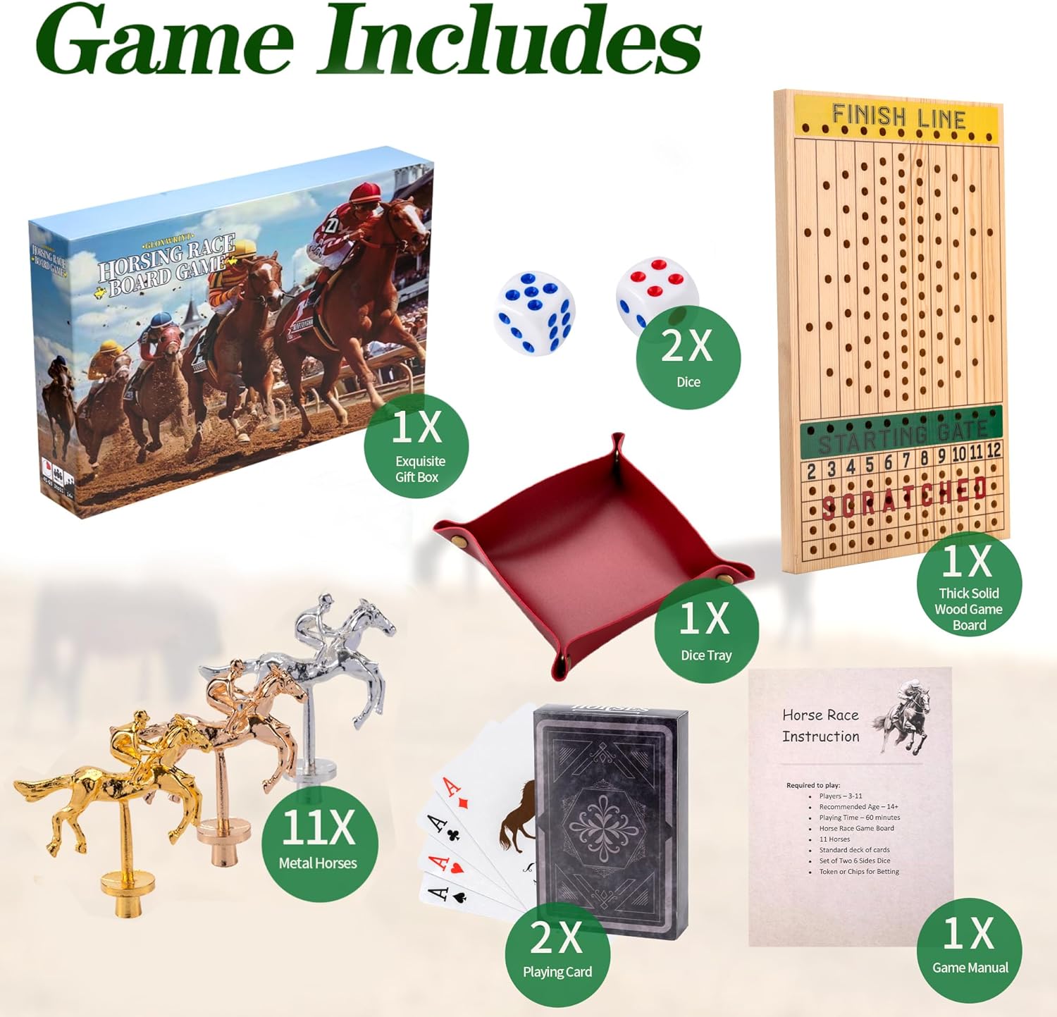 Horse Racing Game with 11 Luxury Metal Horses, Strategy Board Game with Solid Wood Board, Dice, Cards and Gift Box for Adults (Light Brown)