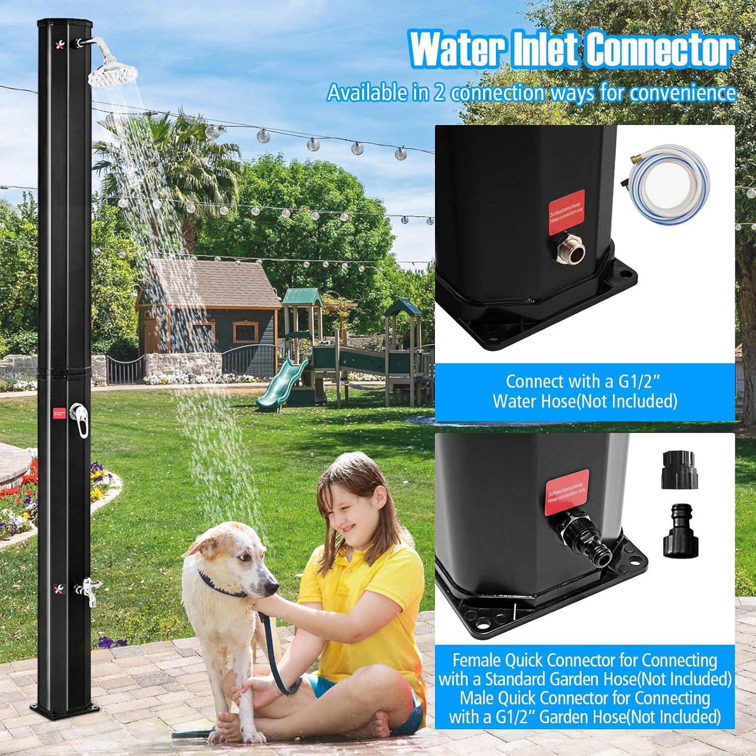 Goplus 9.3 Gallon Solar Heated Outdoor Shower, 7.2 FT Freestanding Garden Shower with 360° Swivel Shower Head, Foot Shower & Temperature Adjustment, for Poolside Backyard Beach (Black)
