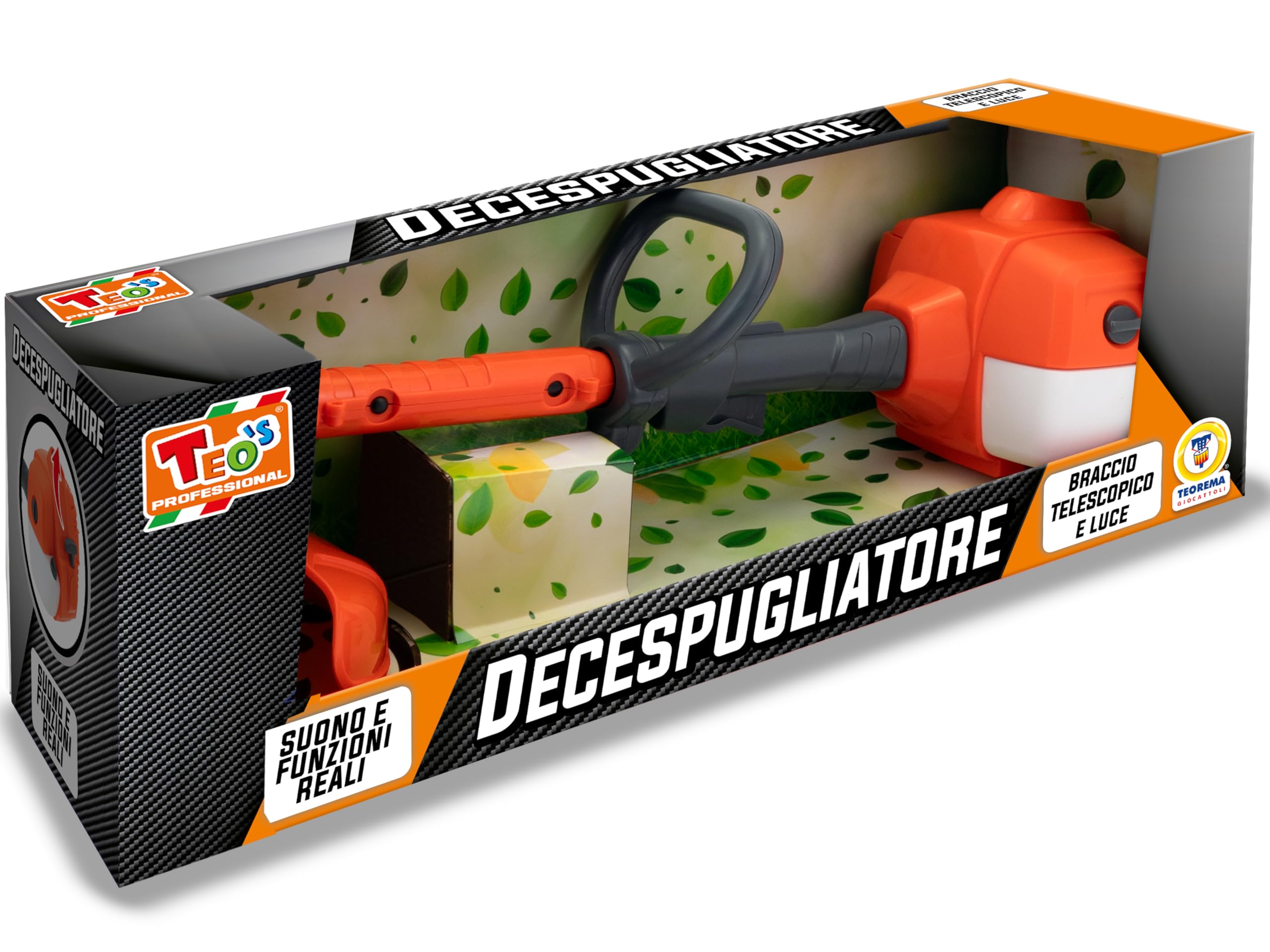 Teorema Giocattoli - TEO'S Teorema-débroussailleuse Jouet pour Enfants à Batterie avec lumières et Sons, Bras télescopique, Longueur 57 cm, Couleur Orange, Blanc, Gris, 80416