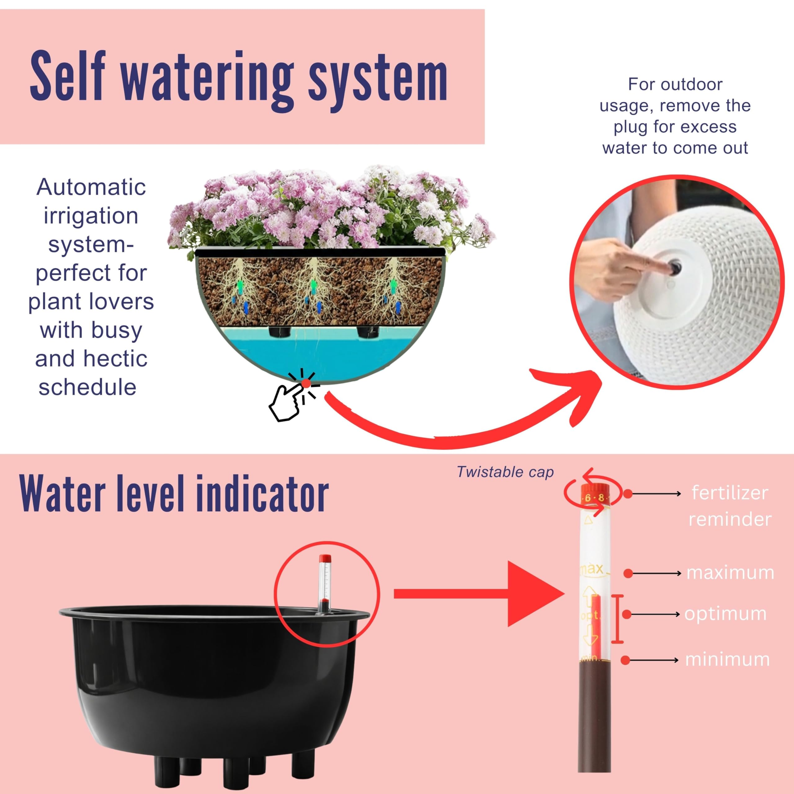 LáLáGreen Vaso Sospeso Autoirrigante da 28 cm con Indicatore del Livello dell'Acqua, Fioriera Rotonda Effetto Rattan con Catena in Metallo per Balcone, Giardino e Terrazza (3)