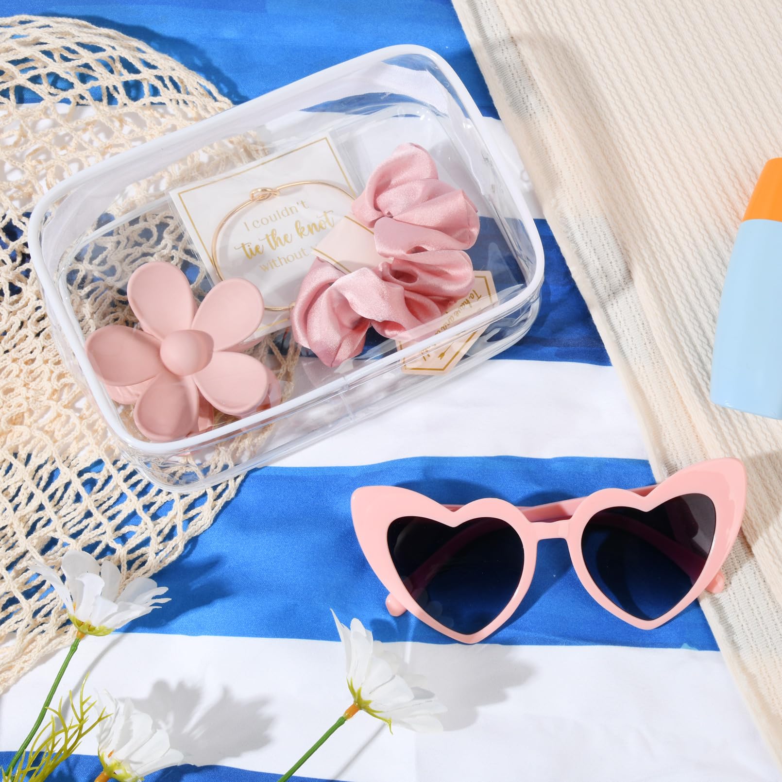 DEEKA Set di 30 borse trasparenti per proposte di damigella d'onore, trousse da trucco per addio al nubilato, bomboniere, occhiali da sole, clip a artiglio, elastici per braccialetti con nodi, regali