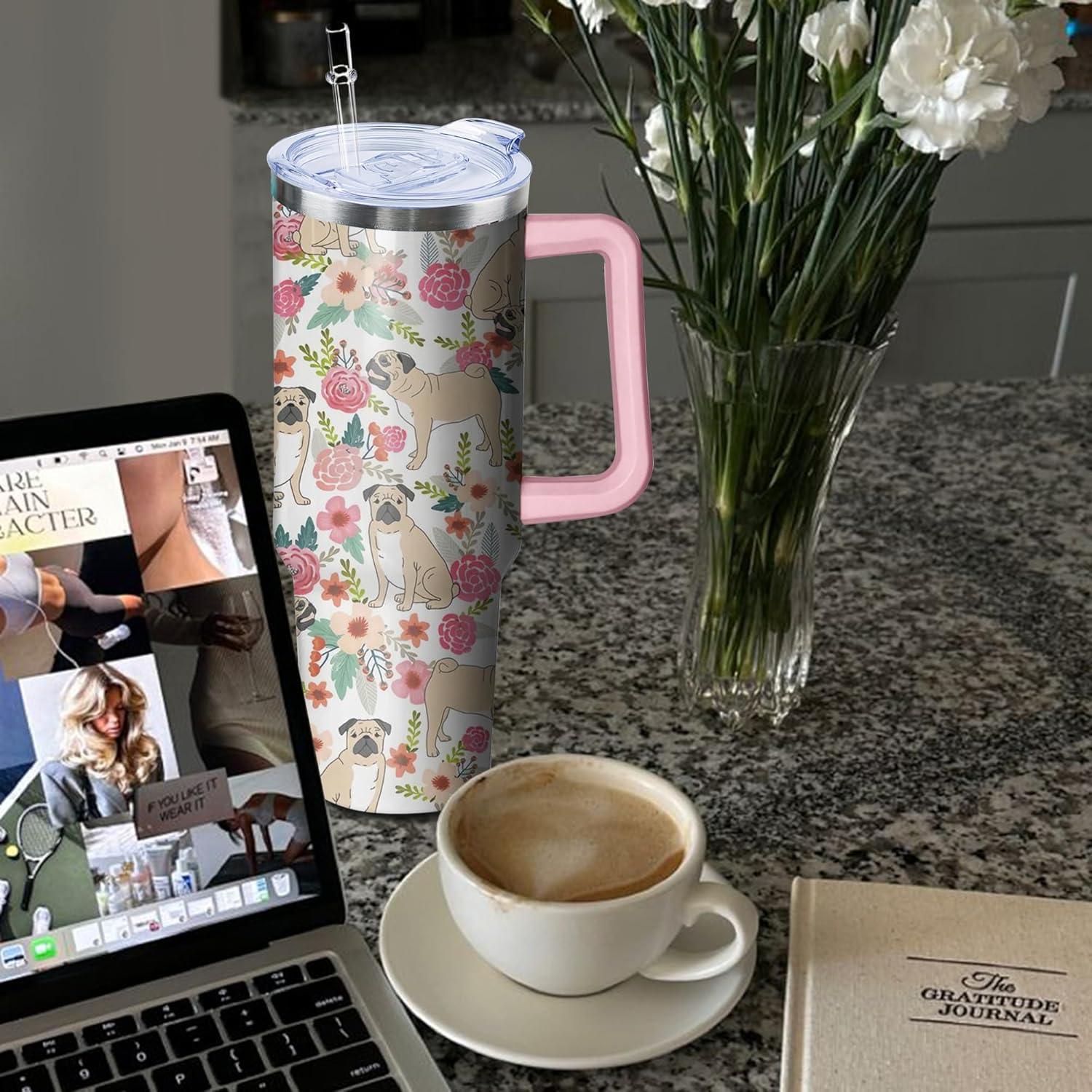 40oz Pug Stainless Steel Tumbler with Handle and Straw, Dog Insulated Cup Travel Coffee Mug Water Bottle with Lid and Straw, Animal Lovers Women Gifts - Image 5