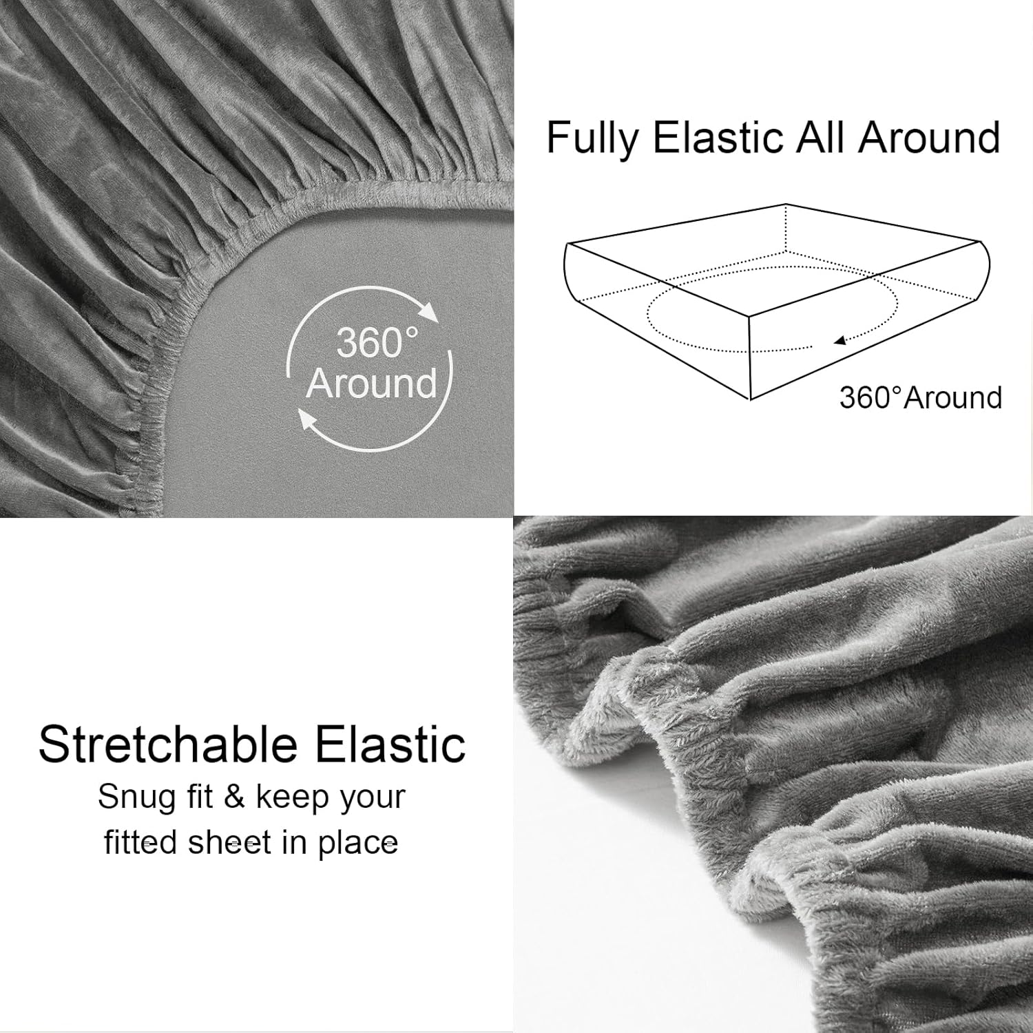 PHF Ultra Soft Velvet Fitted Sheet King Size, 16" Deep Pocket with Wider Stronger Elastic Band, Easy Fit Easy Care, 1 Pack Cozy Comfy Flannel Bottom Sheet for All Seasons, No Pillowcases, Smoke Grey