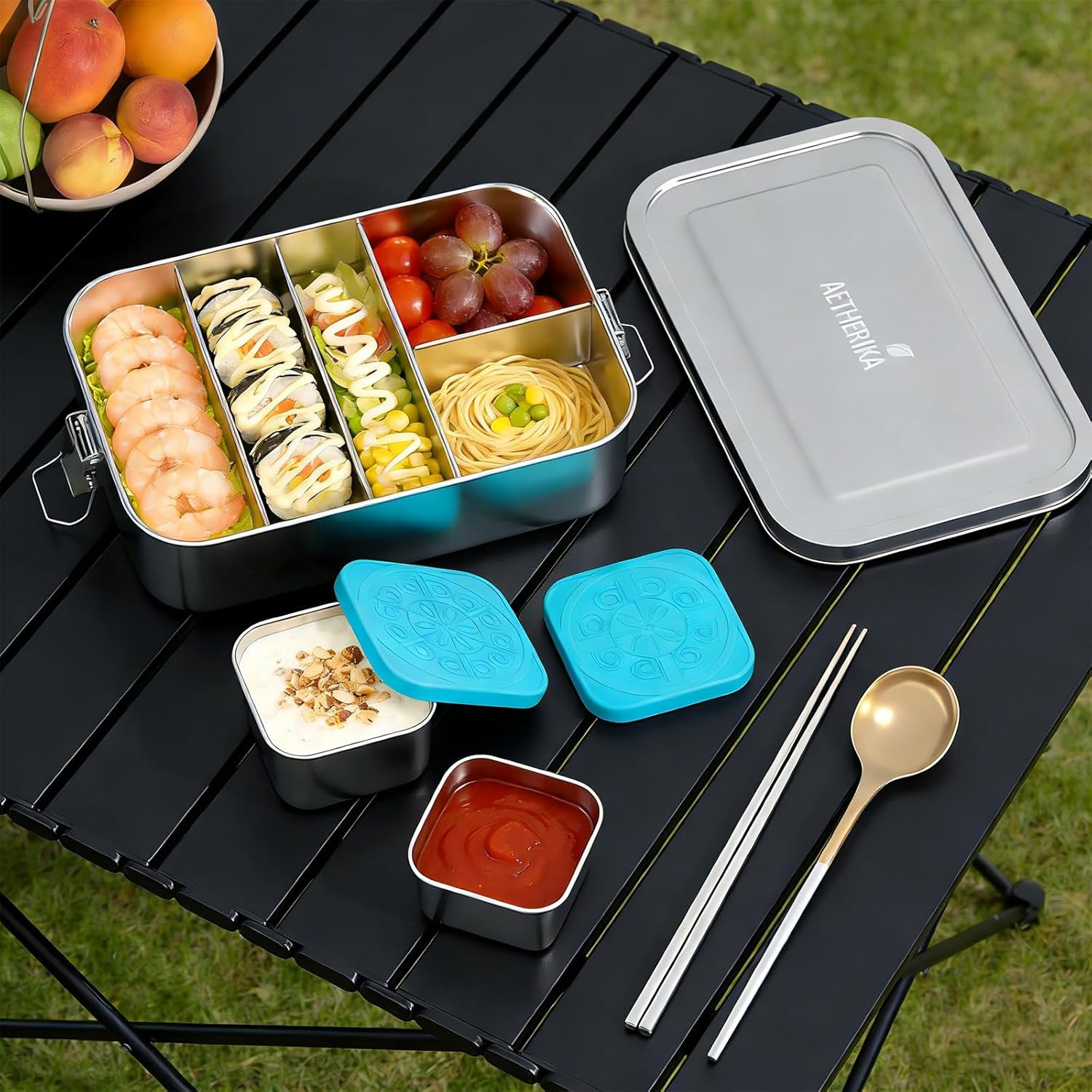 Stainless Steel Bento Box with 4 Compartments,1400ml Large & Thickened Metal Lunch Box for Adults,Eco-friendly Leak-Proof Container with Lockable Clips