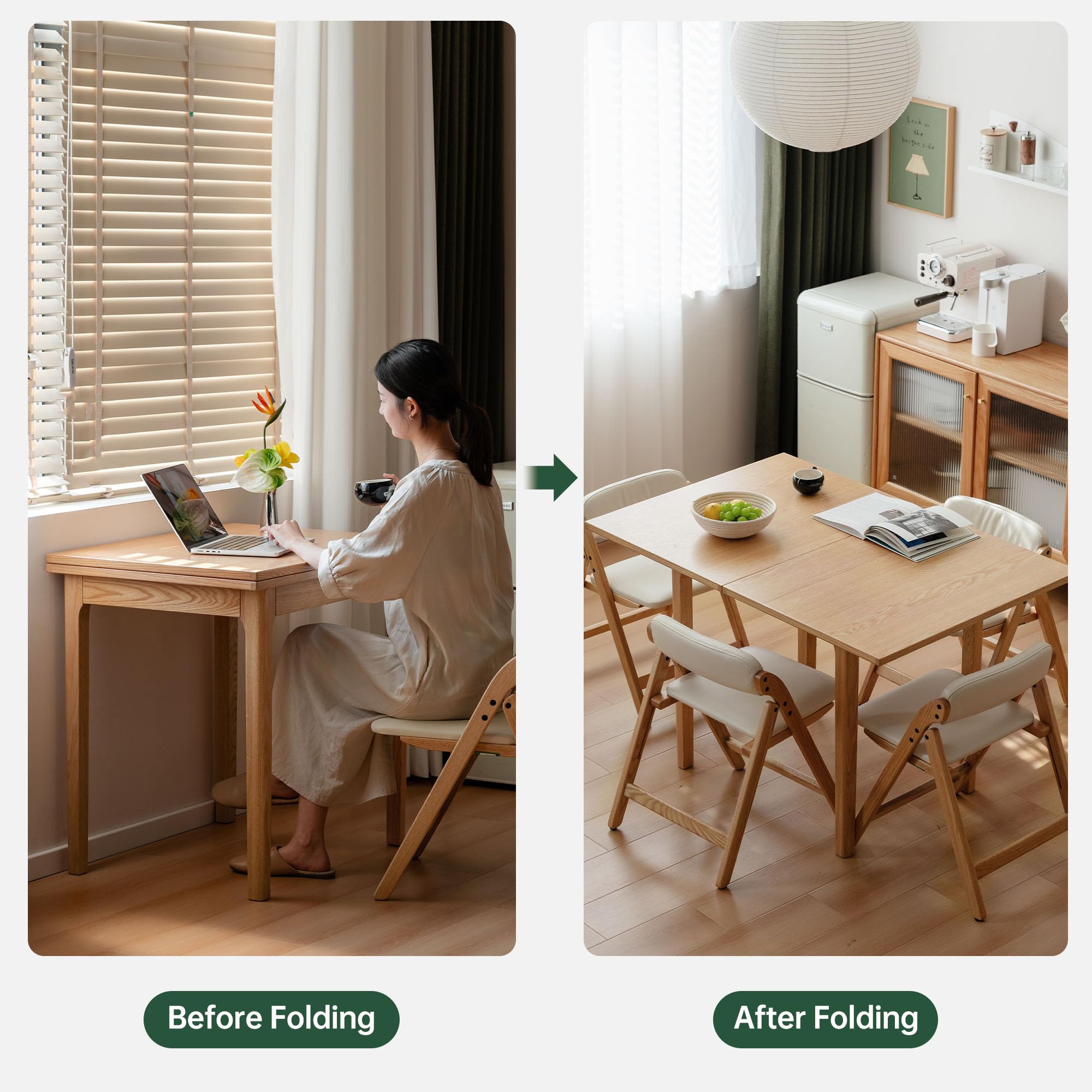 Juego de mesa de comedor plegable que ahorra espacio para 2, mesa de madera moderna y 2 sillas, ideal para cocinas pequeñas y comedores, diseño compacto para un fácil almacenamiento