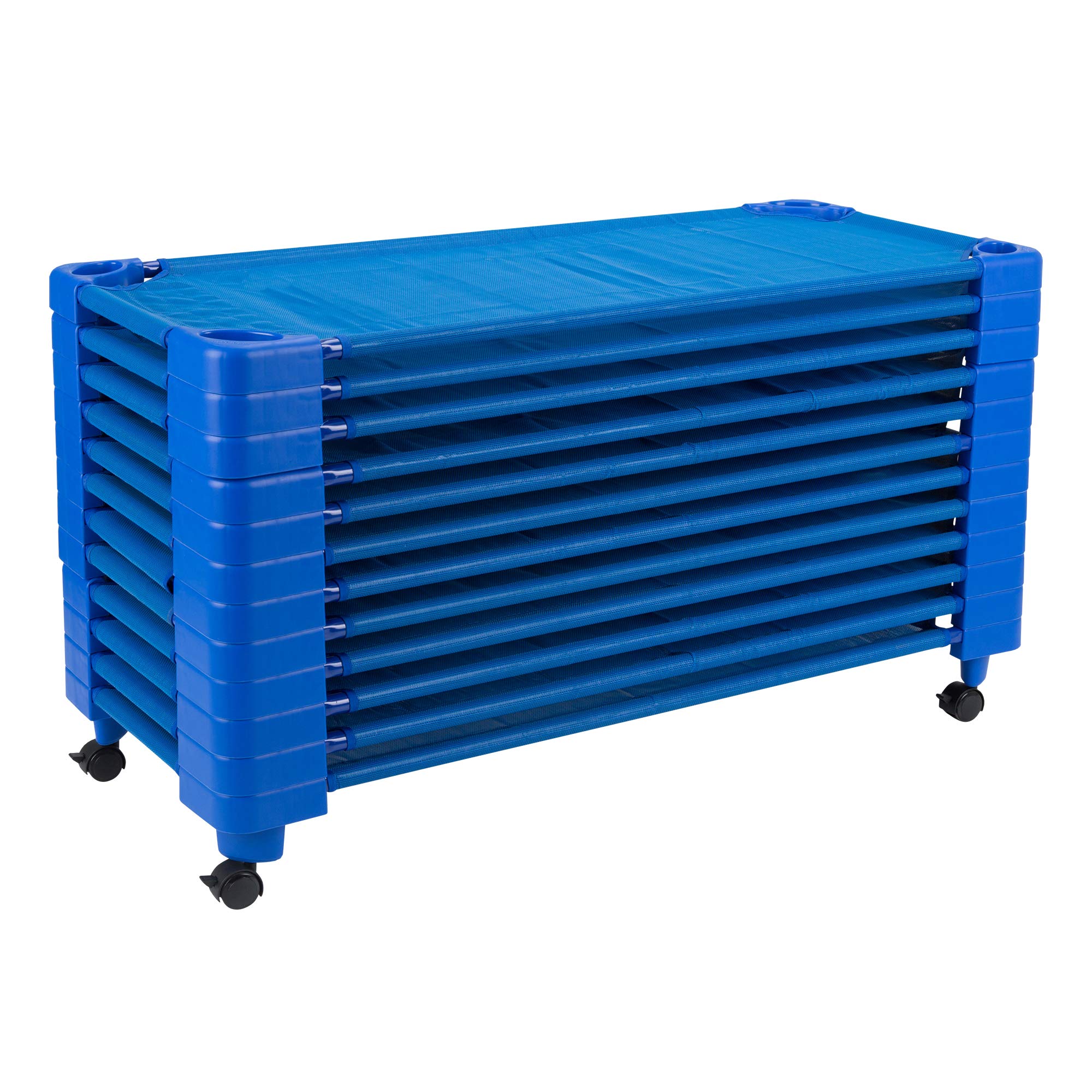 Sprogs Heavy Duty Childrens Standard 52" L Stackable Daycare Cots for Preschool Kids Sleeping, Resting, and Naptime, SPG-021-5-4CAS-12PK, Blue (Pack of 12 Cots/Set of Casters)