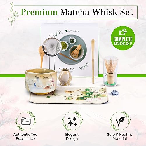 Miniatura 7 de Juego de batidor de matcha, kit de ceremonia de té matcha japonés, 8 piezas, más caja de regalo con batidor de bambú, cuenco, tamiz, cuchara y