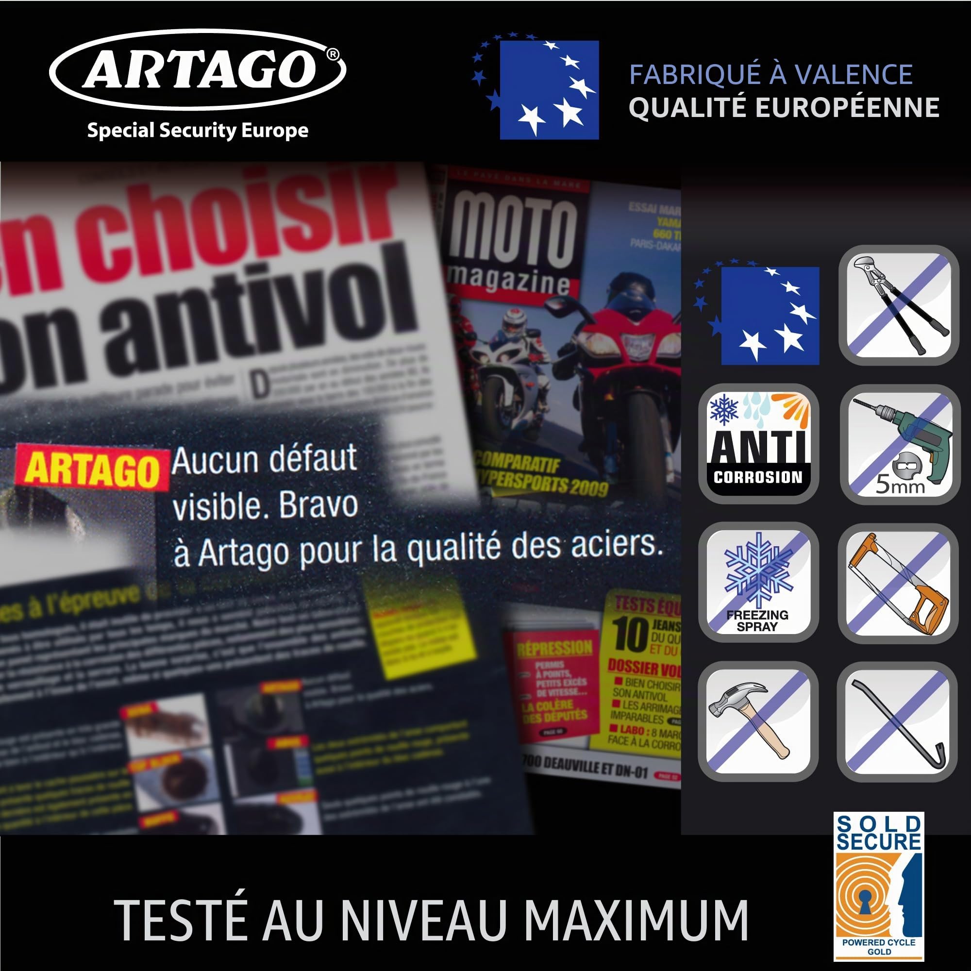 Artago 14.100 Chaine Antivol Haut de Gamme ø15mm, Sécurité Maximale Testé Homologuée Sold Secure Gold, BUNKER SELECTION 100cm, Revêtement Nylon Anti-rayures, Anti vol pour Moto, Parking Portails