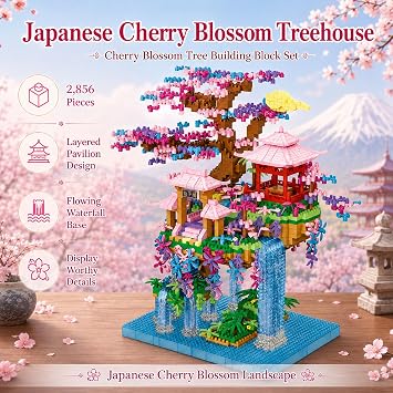 Cherry Blossom Tree House Building Block Set 2856 Pcs Botanical Cherry Bonsai Building Set Japanese Fairy Pavilion Model Kit for Adults & Teens Aesthetic Room Desk Decor Gift
