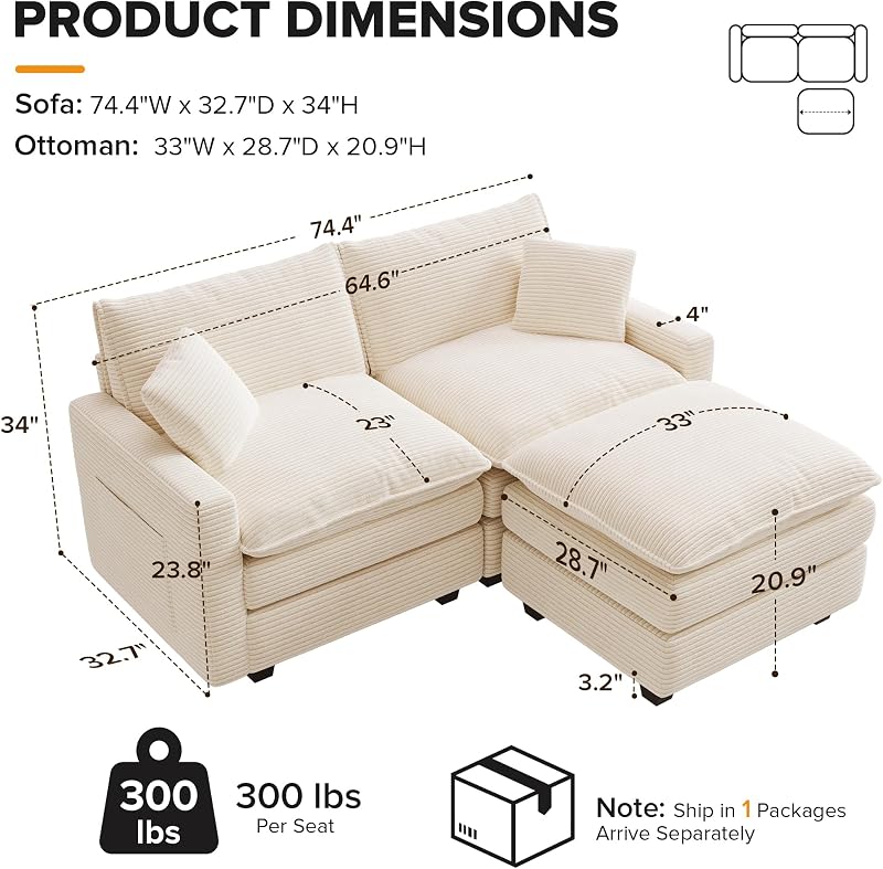74" Cloud Loveseat with Movable Ottoman, L Shaped Modular Sectional Sofa image 2