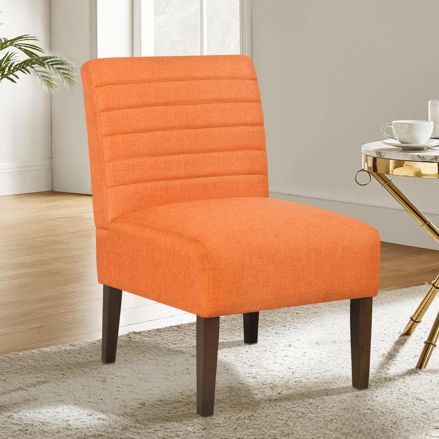 Slipper Accent Chair Modern Armless Lounge Chair with Wood Legs Upholstered Makeup Vanity Tufted Side Chair Fabric Comfy with Decor Back for Living Room Bedroom Patio (Pin Back, Orange)