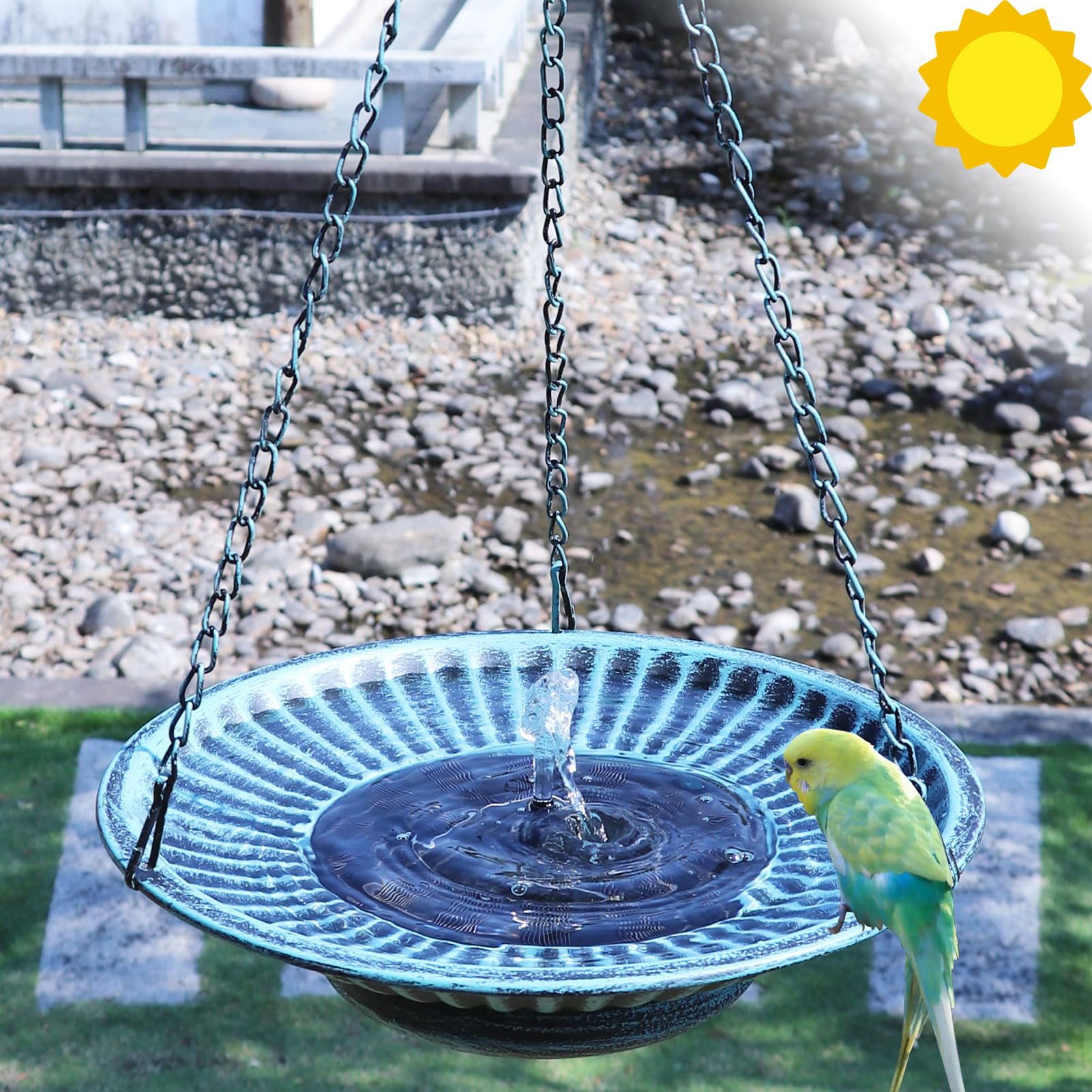 Solar-Vogeltränke zum Aufhängen, 30,5 cm, Solar-Vogeltränke, Brunnen für Garten, Terrasse, Dekoration | Hängende Vogeltränke mit Solarbrunnen, Metall-Vogeltränke, hängende Vogeltränke für draußen (blau)