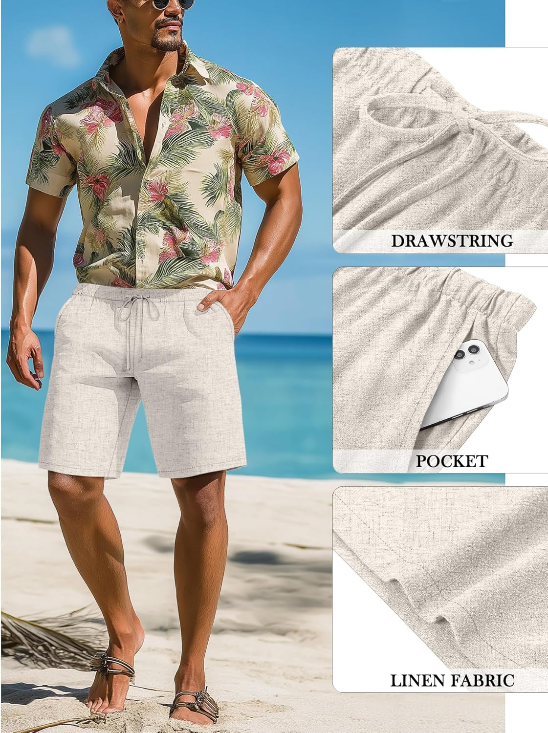 Neer 2 Pack Men's Big and Tall Linen Shorts, Casual Elastic Waist Beach Shorts Summer Drawstring Wears with Pockets - Image 4