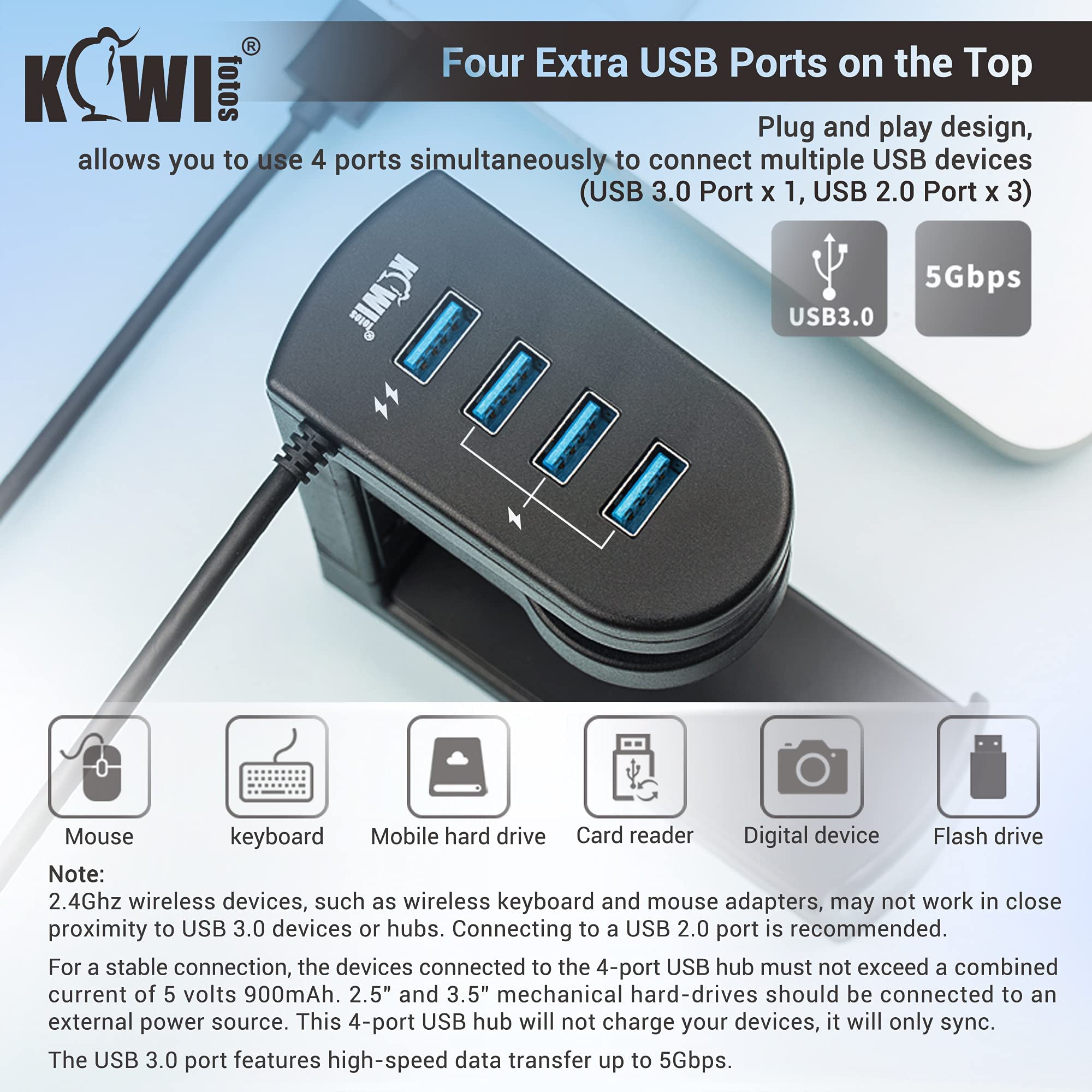 KIWIFOTOS 2-in-1-Kopfhörerständer unter dem Schreibtisch mit 4 Anschlüssen USB-Hub-Organizer, Headset-Halter, Kopfhörerhaken, Aufhänger für Schreibtisch, PC-Gaming-Zubehör - Schwarz