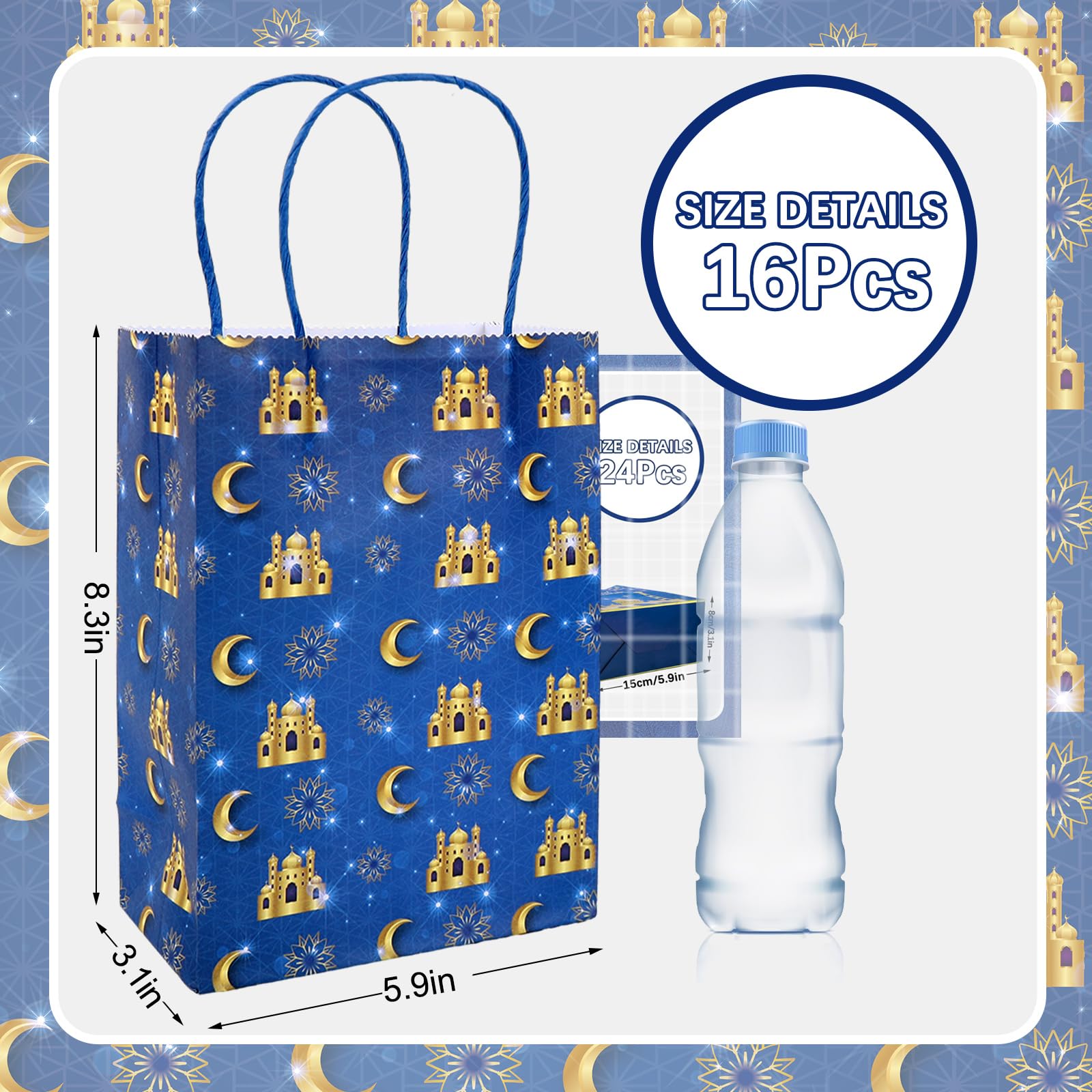 FYSUIMU 16Pcs Eid Mubarak Paper Bags with 20 Sheets Tissue Paper Gold Mosque Moon Star Treat Bags with Handles Candy Goodie Bags for Ramadan Muslim Party Favors Supplies