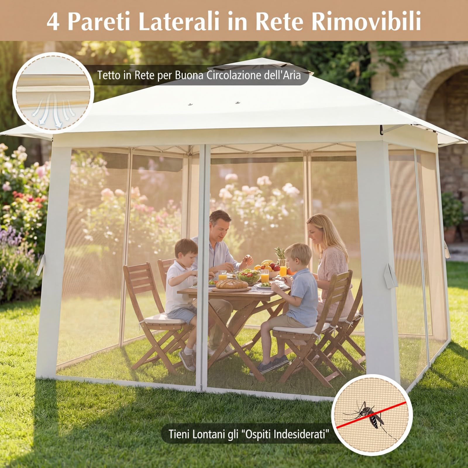 COSTWAY Gazebo da Giardino 3,94 x 3,94 M, Gazebo da Esterno con Zanzariera, Tetto Doppio, 3 Altezze Regolabili e Borsa per il Trasporto, per Feste, Barbecue, Giardino e Spiaggia (Beige)