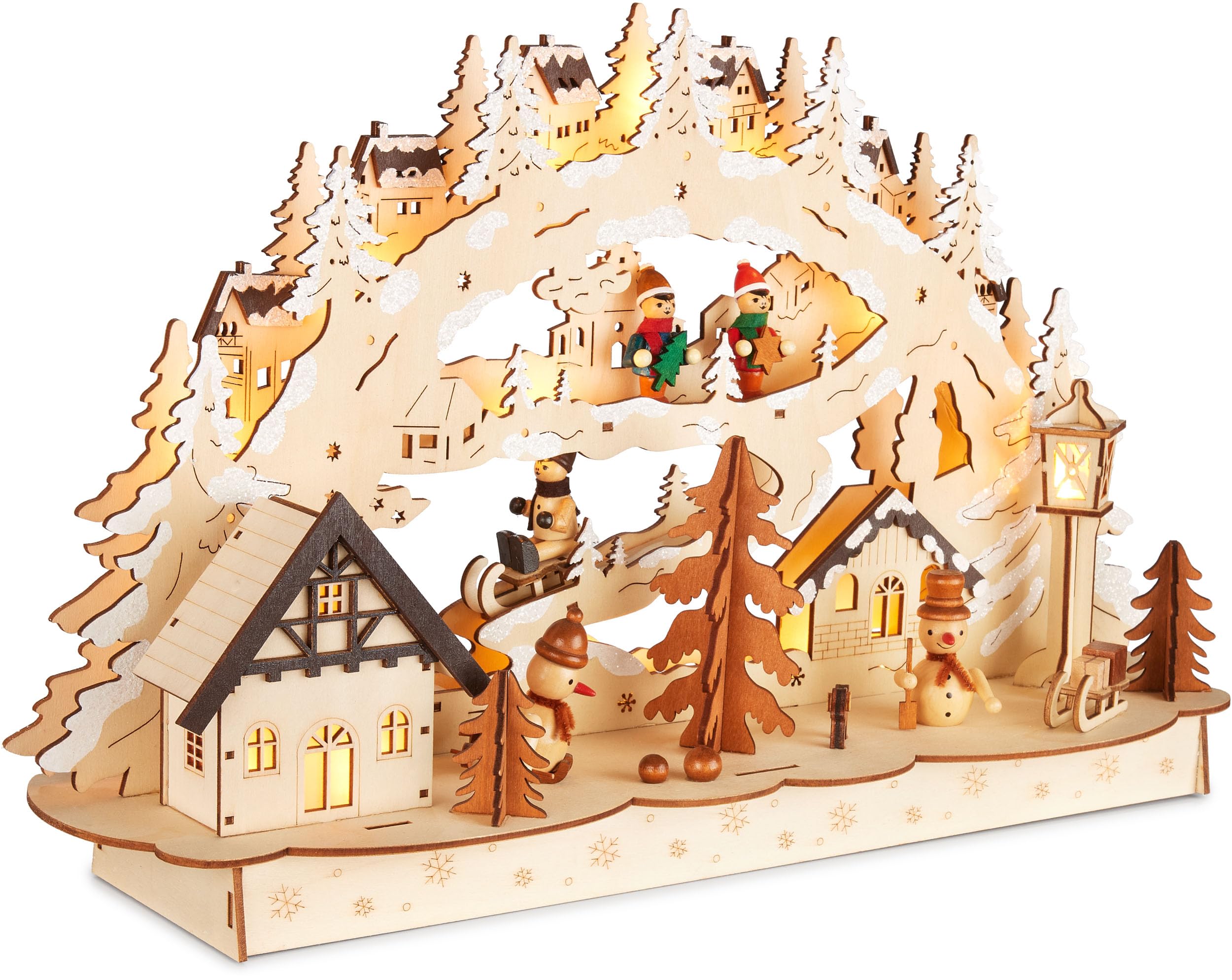 BRUBAKER 3D Lichterbogen - LED Schwibbogen - Dorf in verschneiter Winterlandschaft - Weihnachtsbeleuchtung aus Holz Natur - 27 x 45 x 12 cm - Handbemalte Weihnachtsdeko für Tisch & Fensterbank