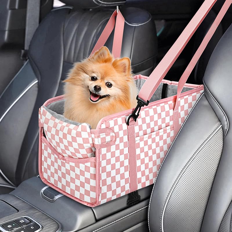 Assento Elevatório Dobrável para Cães Pequenos no Console do Carro NECKORY Rosa Xadrez