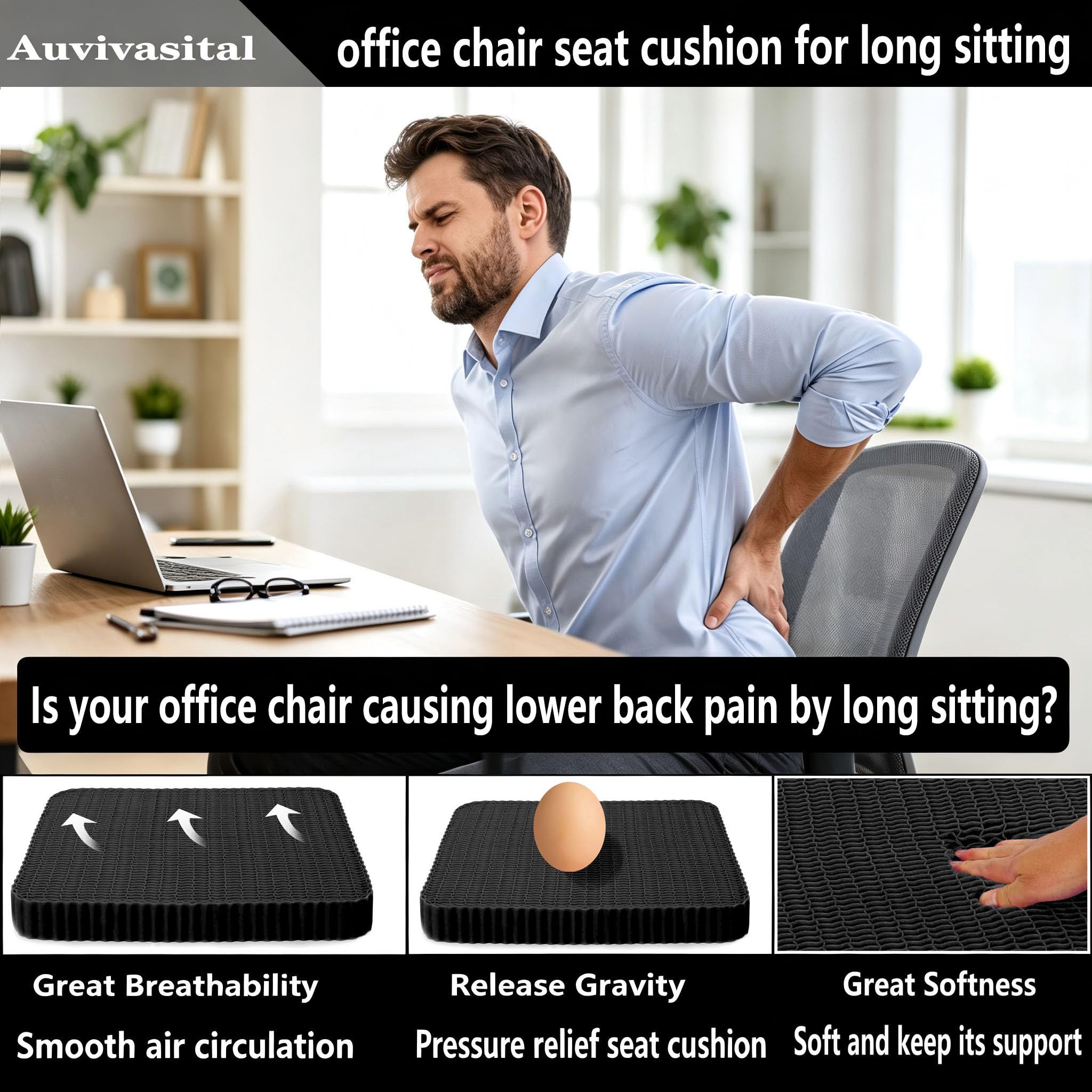 Cuscino da seduta in gel taglie forti per seduta lunga, cuscino per schiena, fianchi, sciatica, dolore al coccige, da utilizzare per auto, ufficio, sedia a rotelle, stadio, candeggina,