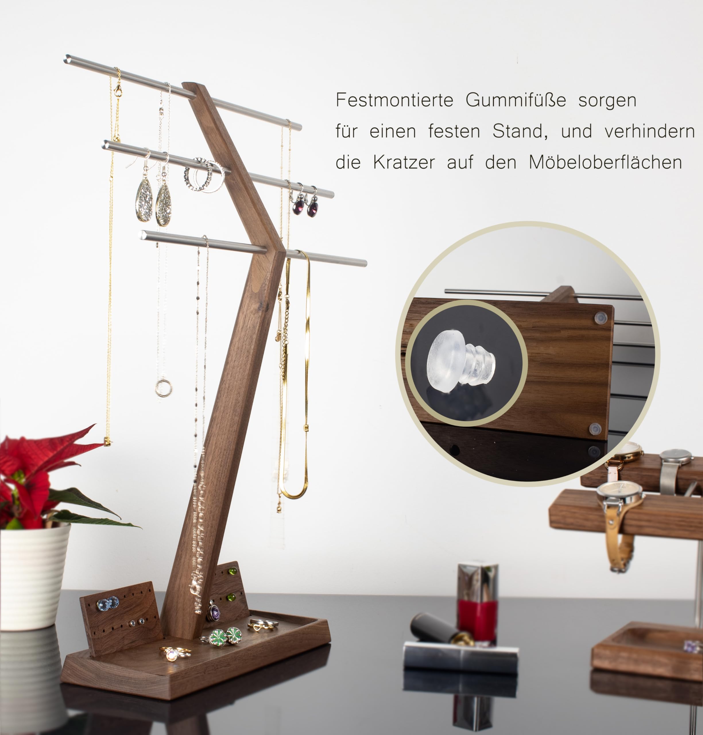 Wood and Steel Design – Schmuck Organizer für Ketten, Ringe, Ohrringe, Ketten, Halsketten und Armbänder, 4 Ebenen, Nussbaum Massivholz/Edelstahl