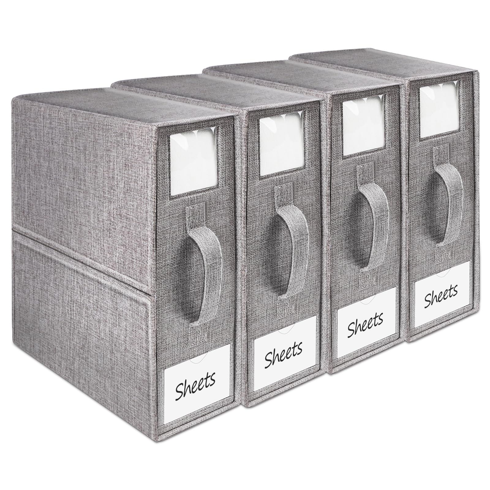 Sheet Organizer for Linen Closet, Foldable Bed Sheet Organizers and Storage, (Queen & King Size) Sheet Storage Box (Grey, 4 PACK)