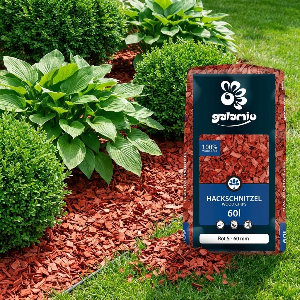 GALAMIO Holzhackschnitzel Rot (720 L / 5-60 mm) – Gartenmulch fürs Beet