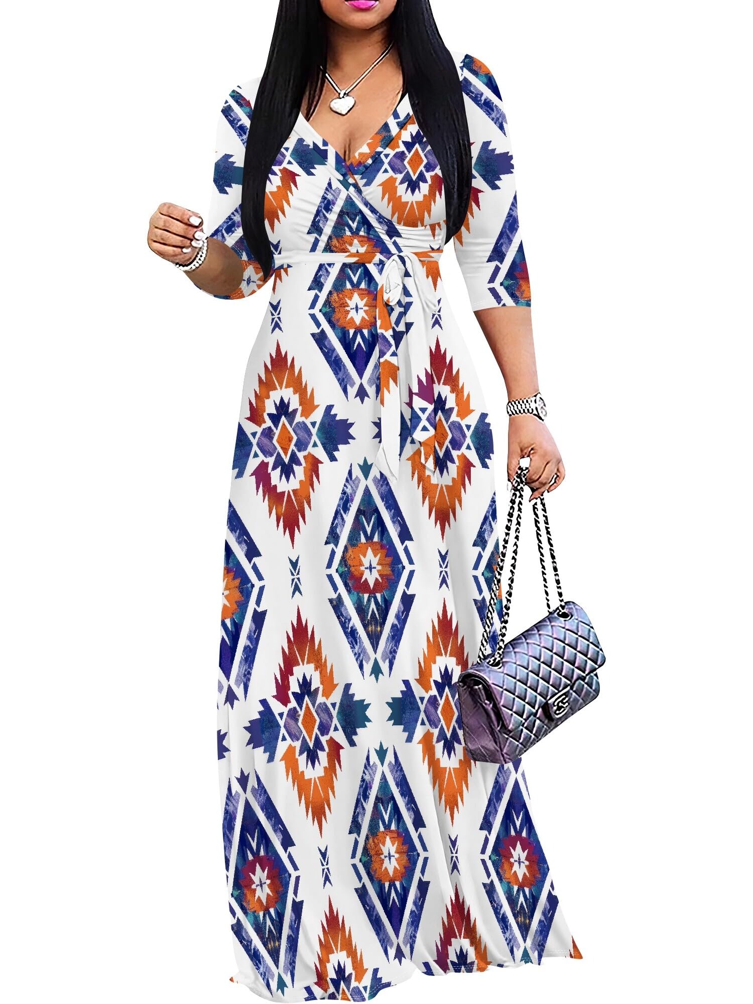 PinkPatty Plus Size Maxi Dress for Women Casual V Neck 3/4 Sleeve Boho Printed Long Dress with Pockets