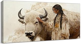 TIMUBA Native American Wall Art, Western Indian Wall Decor Woman & Bison Canvas, Indian Tribal Framed Artwork Painting Prints, Vintage Native American Pictures Gifts for Men Women, Home 24x12 Inches