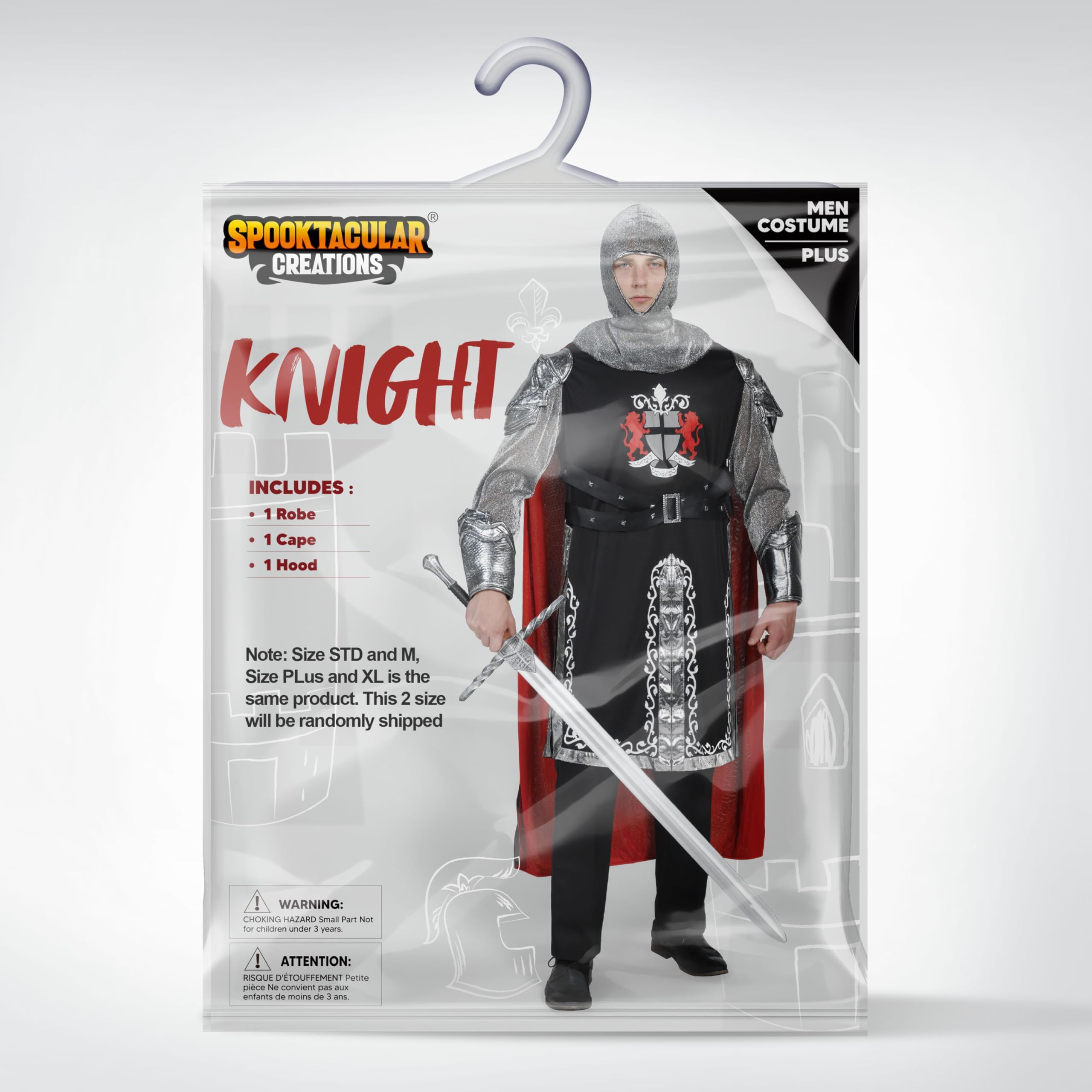 Spooktacular Creations Herren Ritter Cape Tunika Hood Set, Erwachsene California Kostüm Kollektion, Schwarzer Drache Ritter Kostüm für Halloween Dress Up Cosplay Party (XL)