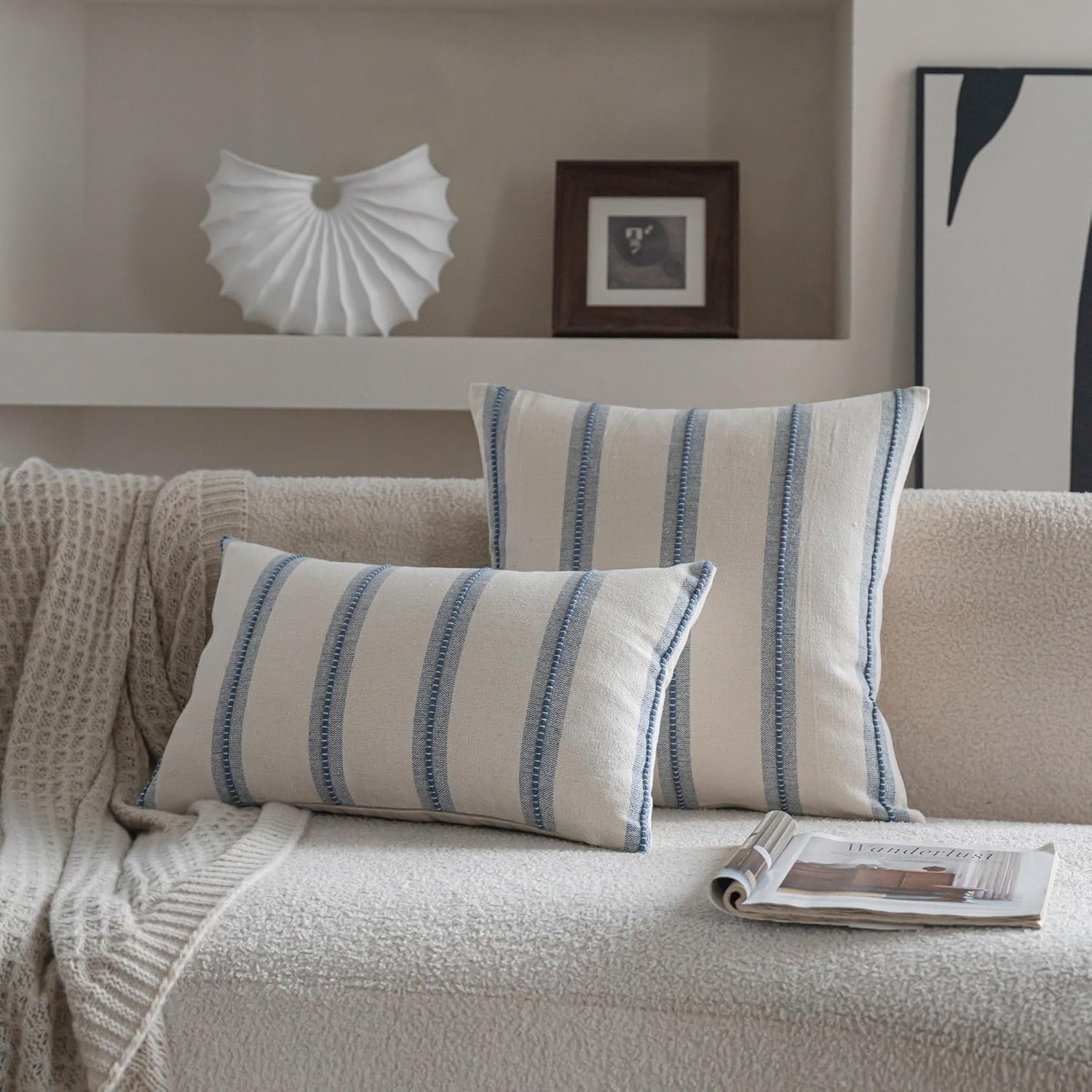 Boho Throw Pillow Covers 12x20 Set of 2, Beige and Blue Striped Decorative Pillow Cases for Couch Chair Bed, Textured Farmhouse Accent Cushion Covers for Living Room Bedroom Sofa Home Decor - Image 3