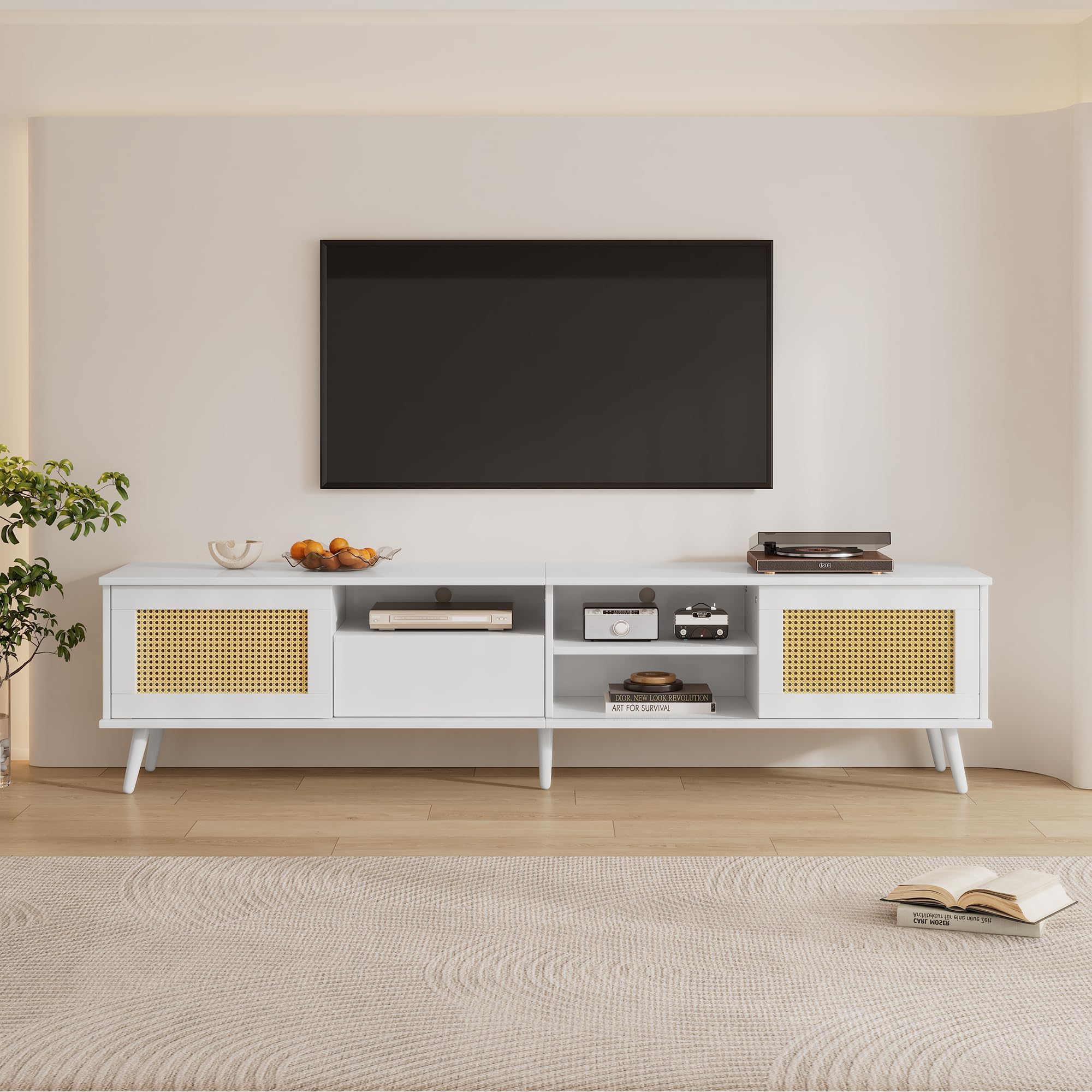 BTM TV Stand Cabinet, Rattan TV Unit with 1 Drawer, 2 Doors & 3 Open Storage Space, Wood TV Stand, 200cm TV Unit for 90 Inch TV, 200x40x49cm