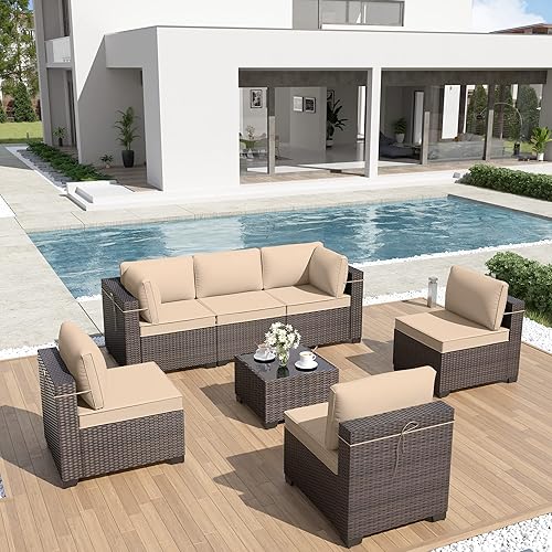 ALAULM 7 Piece Outdoor Patio Furniture Sets, Outdoor Furniture Patio Sectional Sofa, All Weather Woven Wicker Patio Sofa Brown PE Rattan Patio Conversation Set w/Cushion and Glass Table (Khaki)