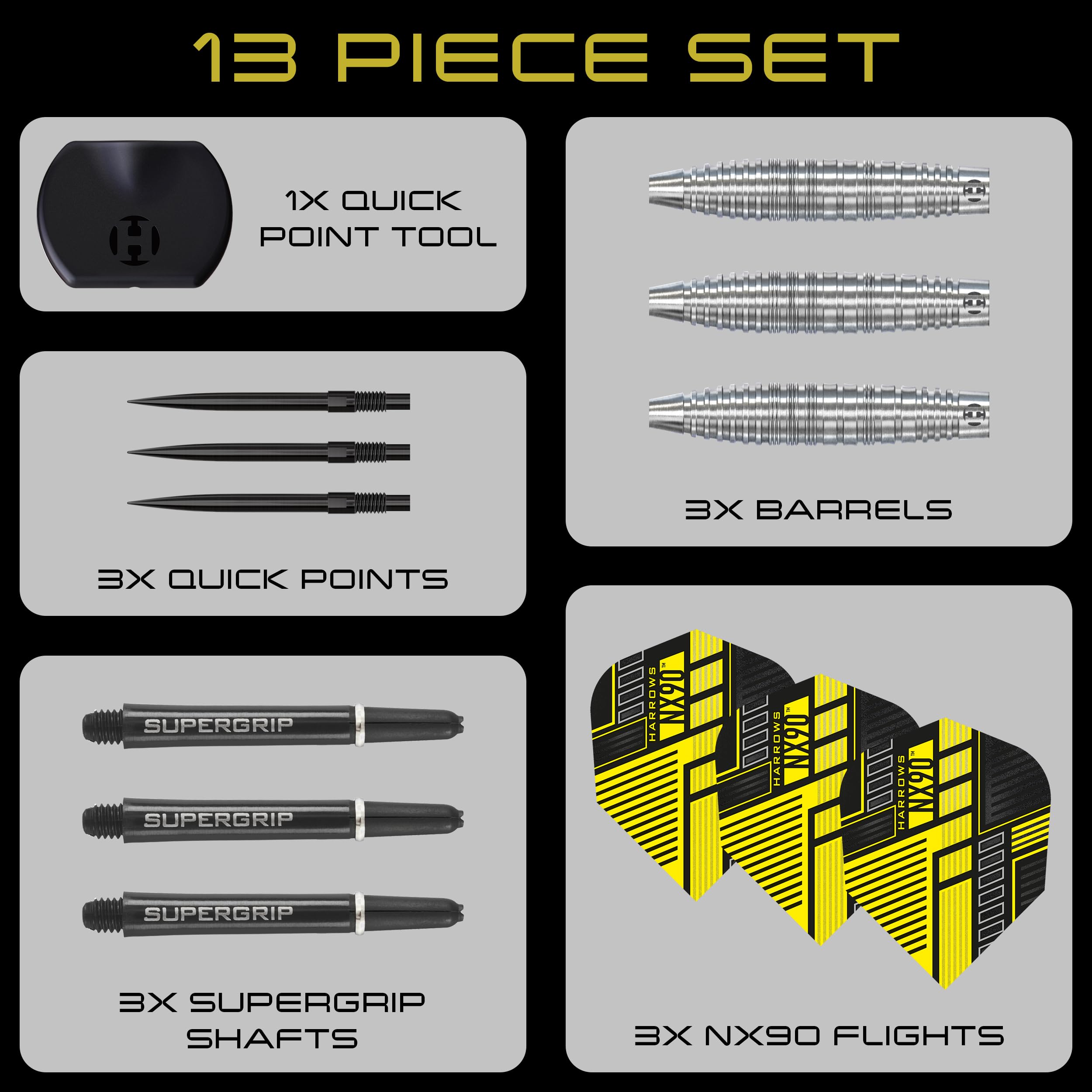 Harrows NX90 Set di freccette professionali a forma di bomba (23 g) I freccette professionali con punta in acciaio al tungsteno al 90% con sistema di cambio rapido I, set da 10 pezzi con asta nera