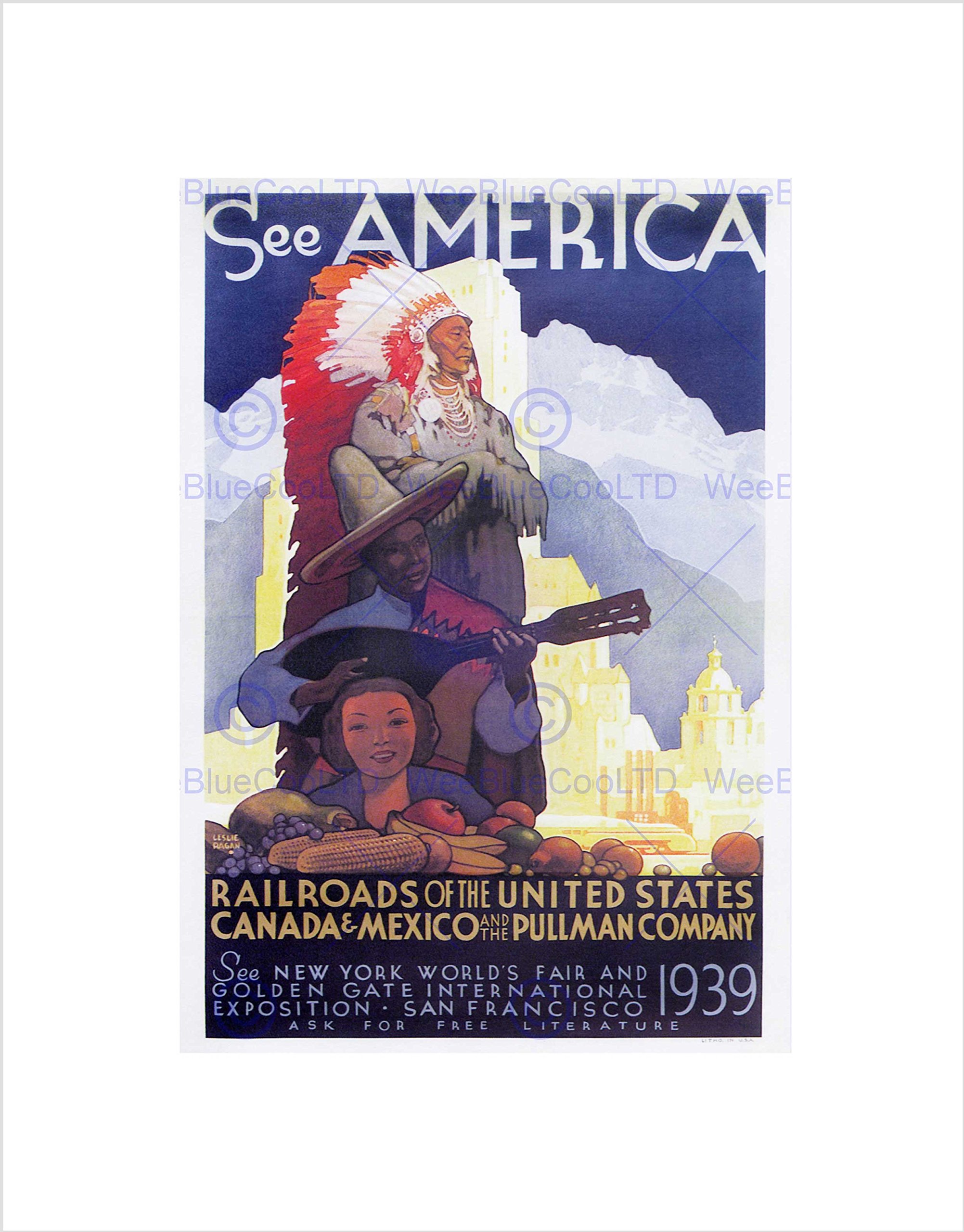 Wee Blue Coo Travel America Railroad Pullman Vintage Advert Wall Art Print