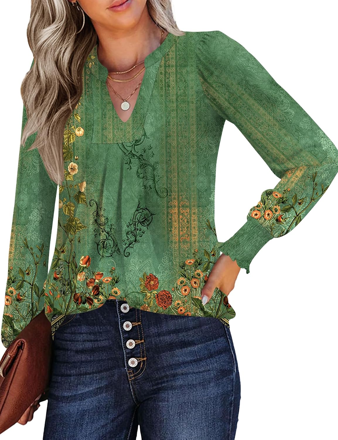 Bashafo Womens V Neck Long Sleeve Blouses Tops 2026 Spring Fashion Ruffle Cuffs Dressy Casual T-Shirts