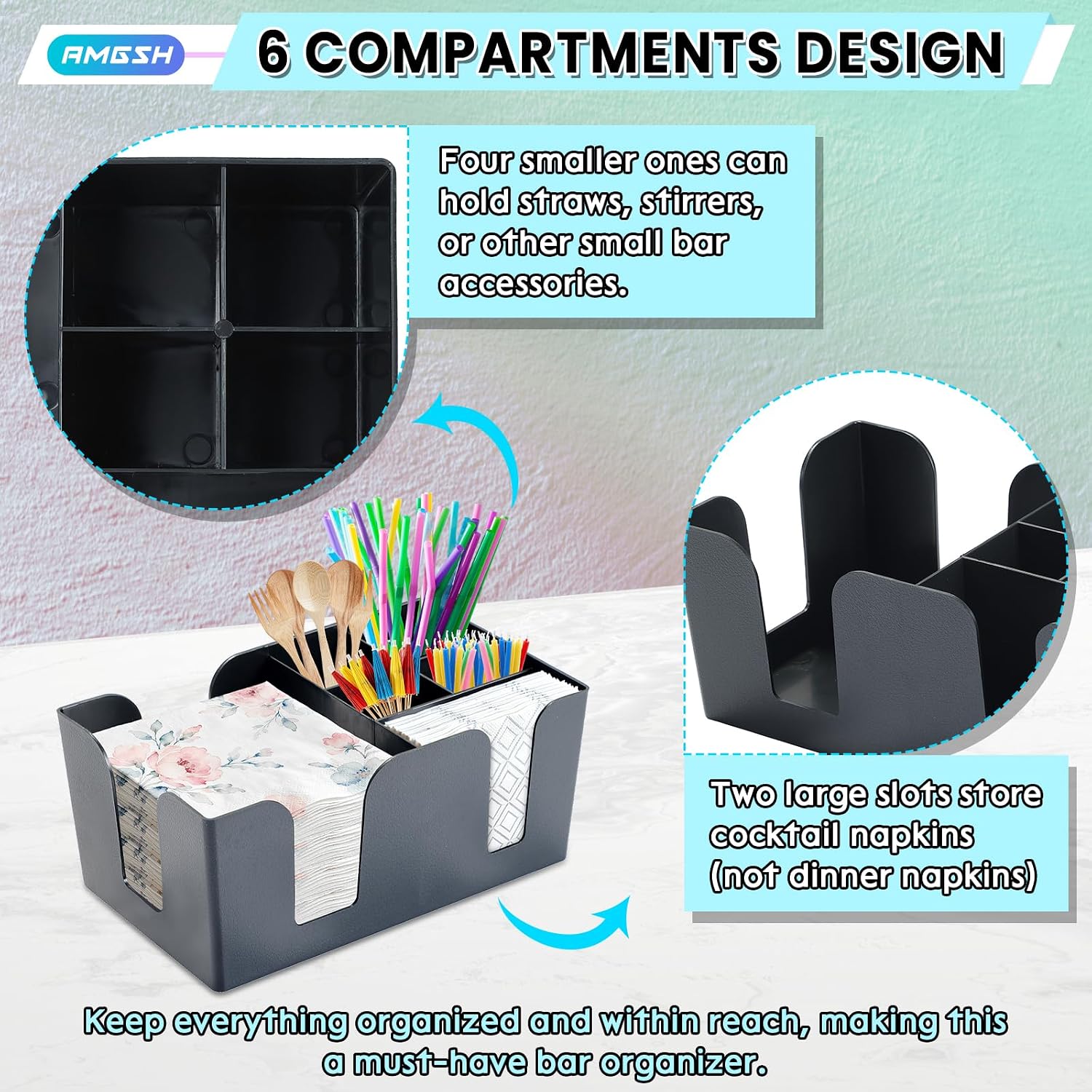 1 Pack 6-Compartment Bar Caddy Napkin & Straw Holder Organizer, Premium Black Plastic Bar Caddy Organizer for Napkins, Straws, Condiments, Stylish for Home, Office, Kitchen, and Bars