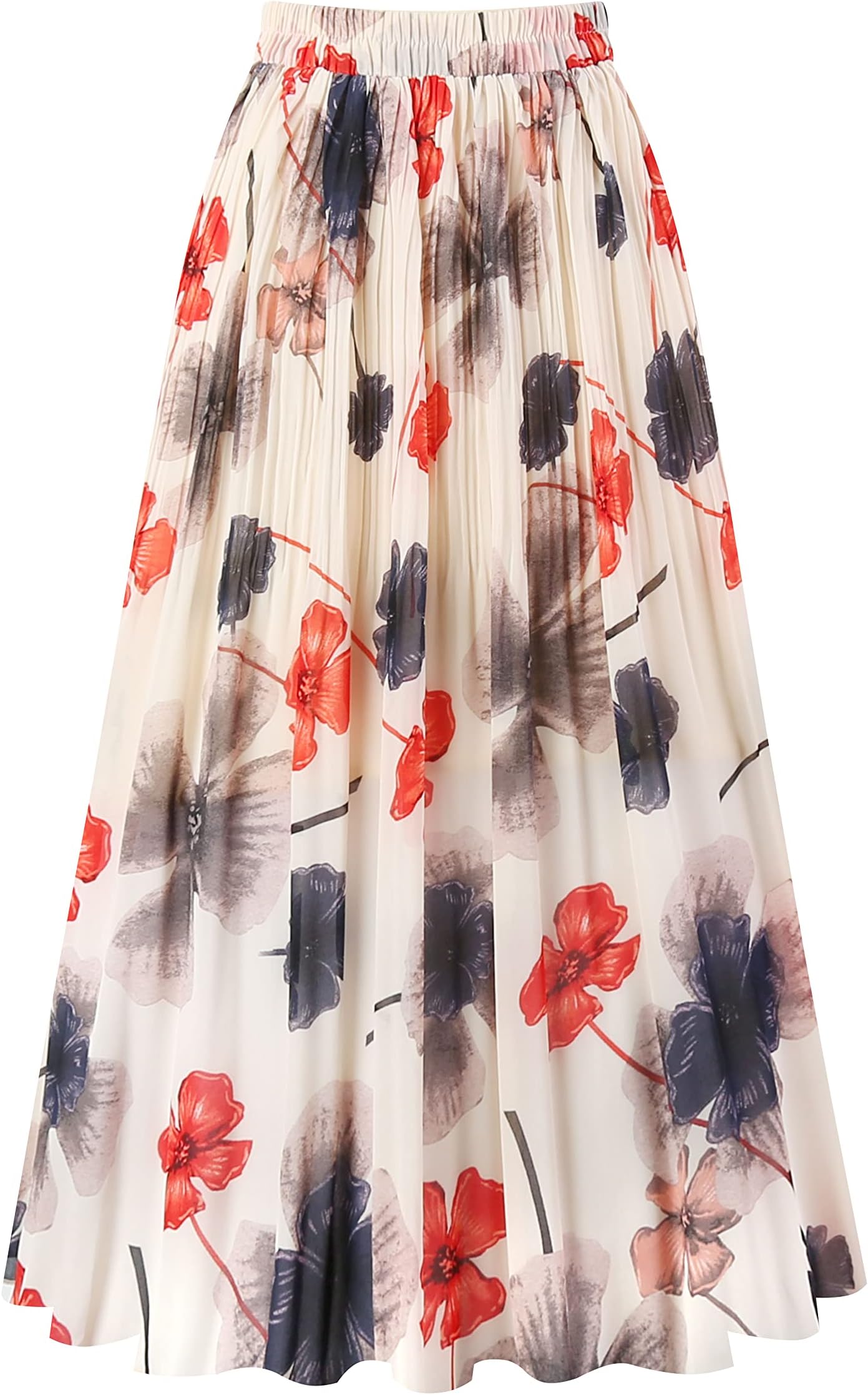KingfancyWomen's Pleated Skirt Chiffon Elastic Waist A-Line Midi Length Skirt