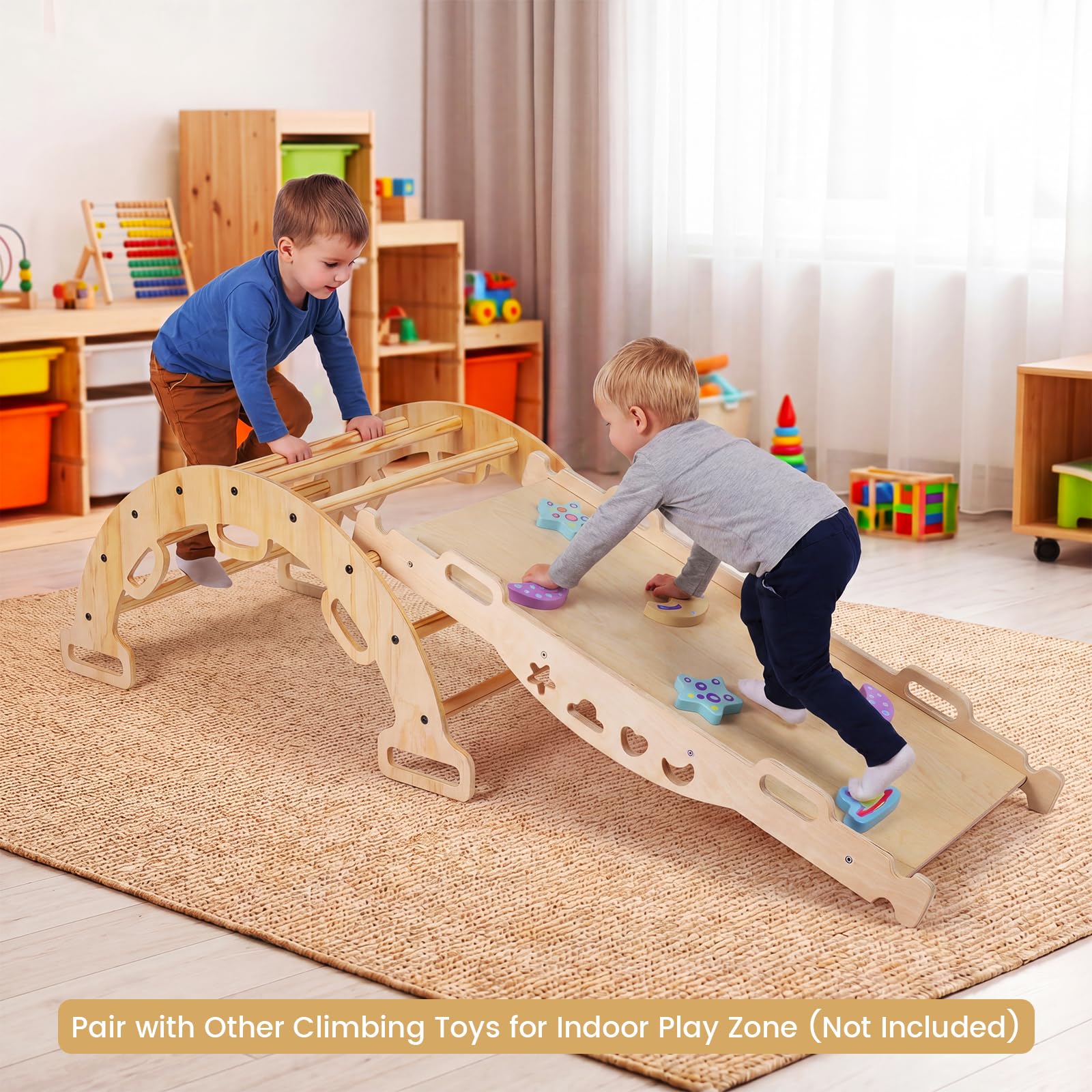 FANTASK Arco da Arrampicata 3 in 1 in Legno con Cuscino, Triangolo da Arrampicata per Interni per Dondolo, Arrampicata e Gattonare, Struttura da Arrampicata Montessori, Arcobaleno per Bambini dai 3