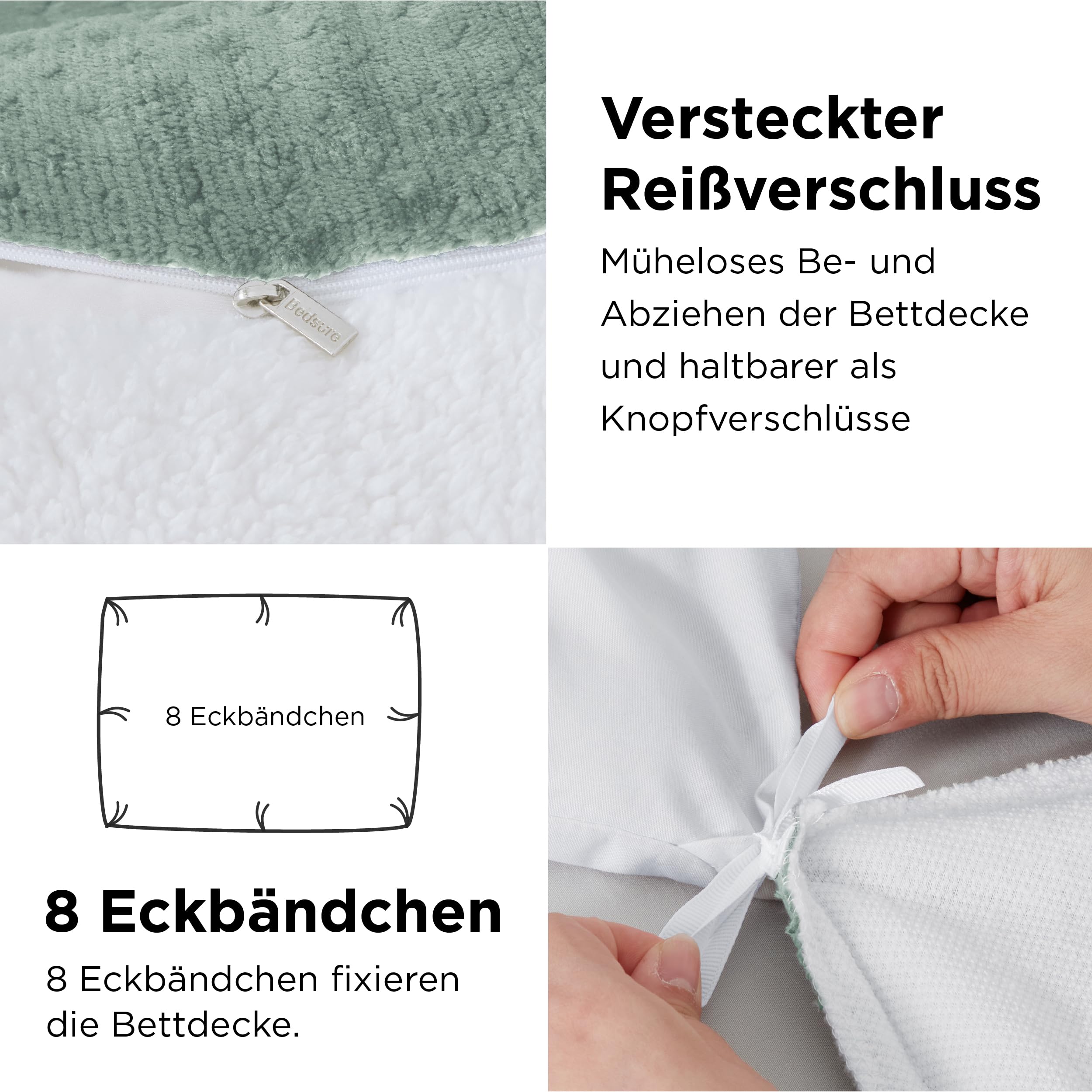 BEDSURE Puszysta pościel 155 x 220 cm, zielona - Zimowa poszwa na kołdrę z fleece z 2 poszewkami na poduszki 80 x 80 cm, Ciepłe zestawy pościeli z zamkiem błyskawicznym, Pique waflowe zimowa pościel