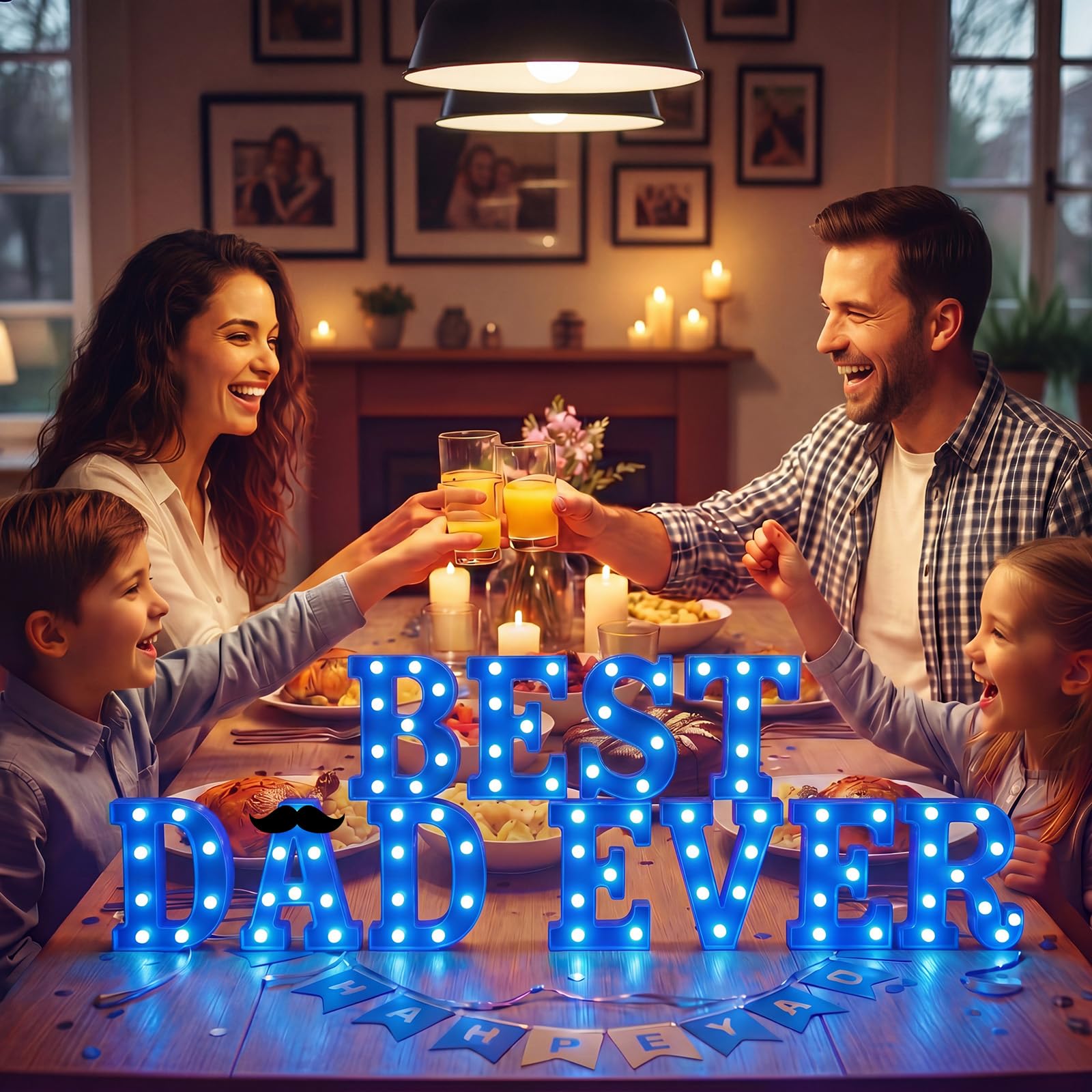 Ganeen Decorazione in plastica per festa del papà, con scritta in inglese "Best Dad Ever", con scritta in inglese "Best Dad Ever", decorazione da tavolo con baffi, decorazione per casa, mensola da