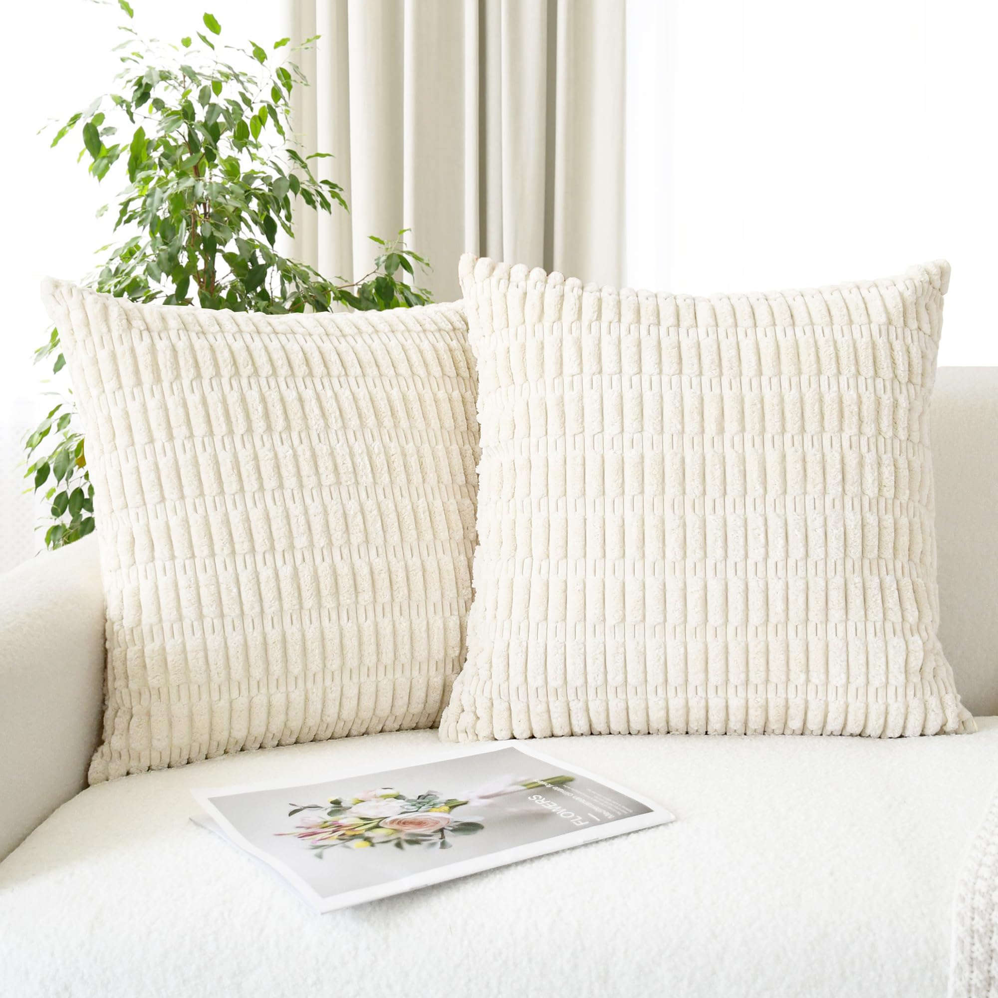 CaliTime Throw Pillow Covers Pack of 2 Comfy Corduroy Boho Striped Decorative Cushion Cases for Couch Sofa Bed Farmhouse 45 x 45cm Beige — image 1