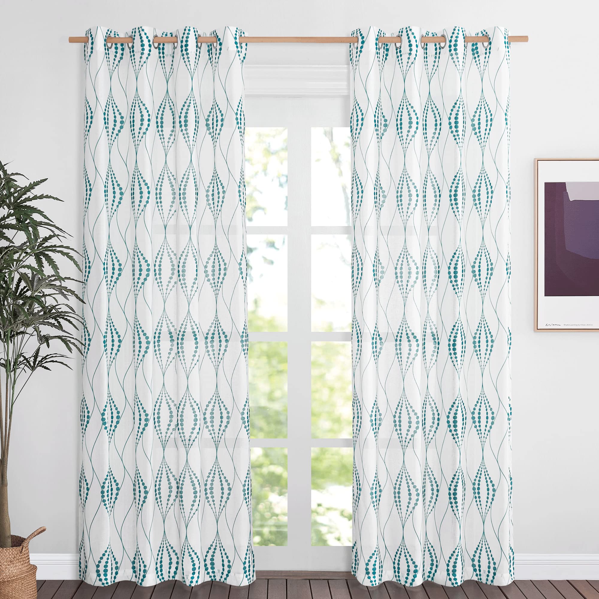 Voilages bleu sarcelle motif lanterne 127x241 cm NICETOWN
