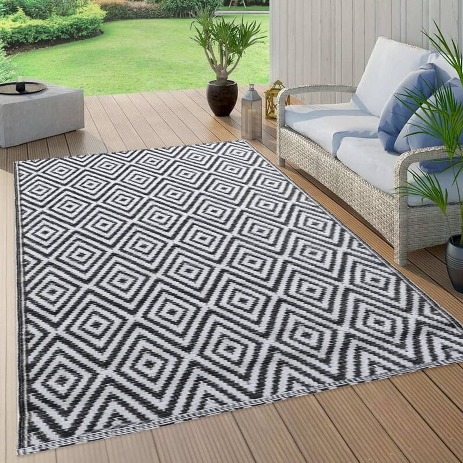 Tidyard Tappeto per Esterno Terrazza Balcone Tappeto Cucina,Resistente alle intemperie e ai Raggi UV,Tappeto per Interni ed Esterni,160 x 230 cm,Colore Bianco e Nero