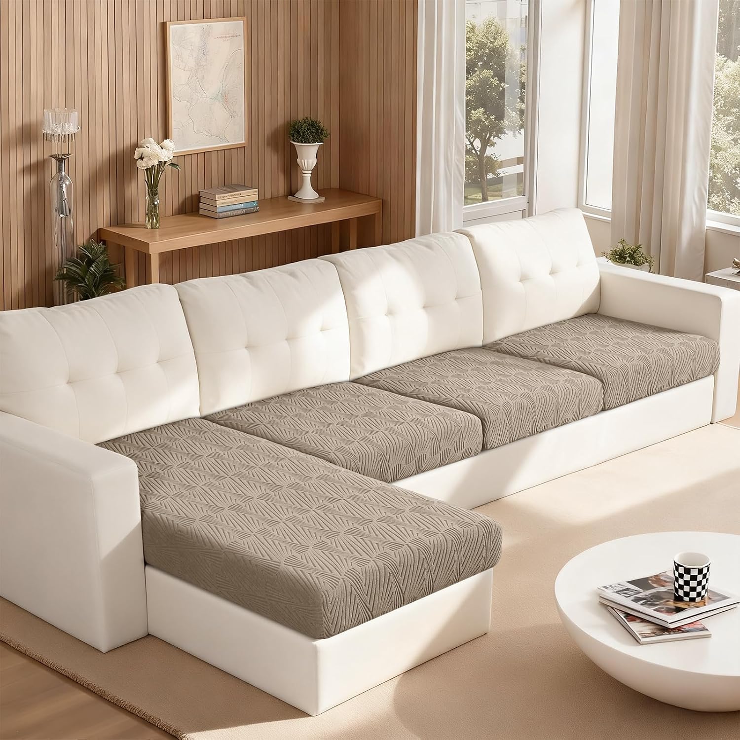 VANSOFY Couch Cushion Covers for Sectional Sofa, Stretch Jacquard Couch Seat Cushion Covers, Individual Washable Furniture Protector Sofa Slipcovers for Pet (3 Seater+1 Chaise Cover, Khaki)