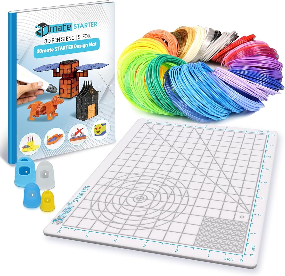 3D Pen Filament with Silicon Design Mat and Compatible Stencils Book with 11 Templates - 1.75mm PLA Plastic Refills - 360 Feet of Assorted Filament for 3D Drawing and Doodling