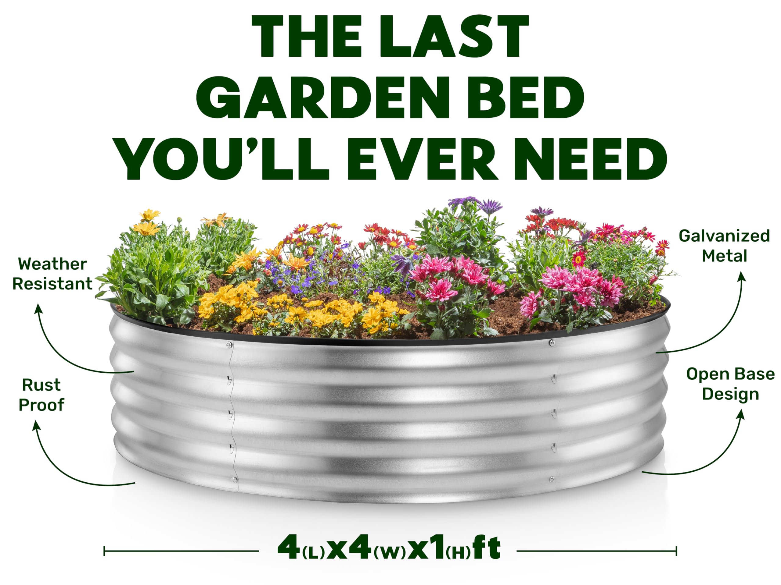 Round Galvanized Raised Garden Bed // 4×4×1 ft (2-Pack) Galvanized Raised Garden Beds Outdoor for Gardening, Vegetables, Flowers // Patented Tool-Free Design Round Planter (Silver)
