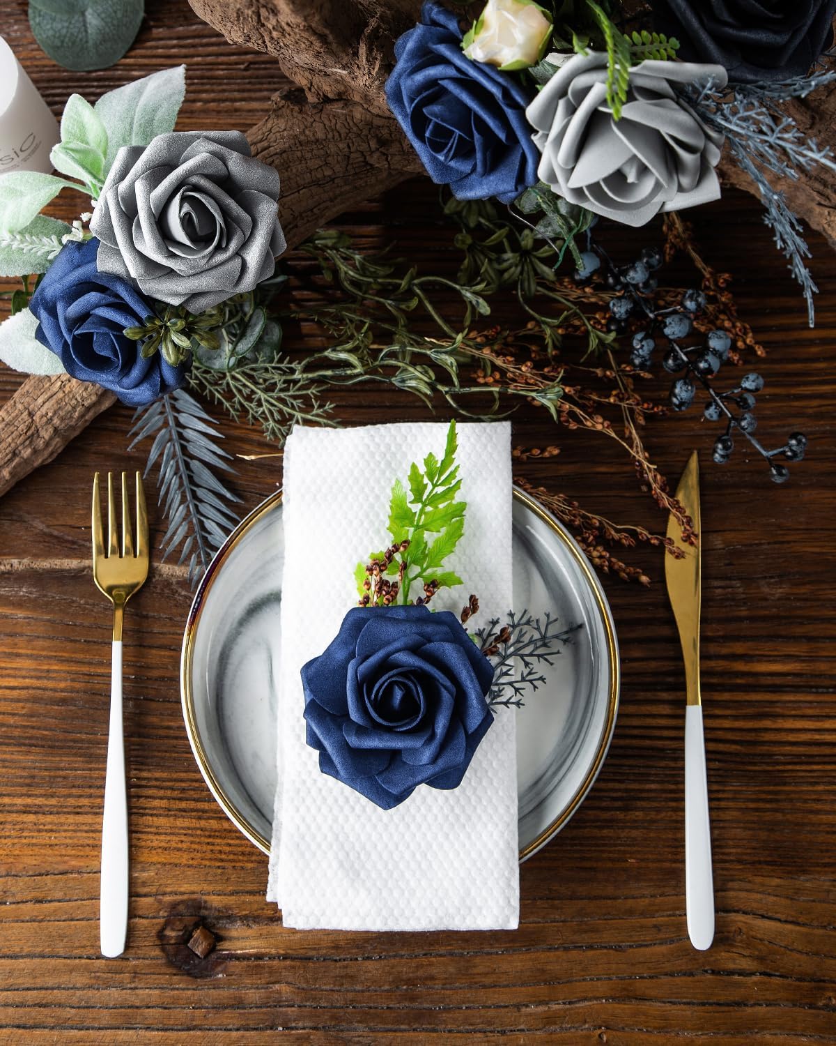 DuHouse 25Pcs Artificial Roses Flowers Fake Roses with Stems Real Touch Foam Flowers for DIY Wedding Bouquet Party Centerpiece Floral Arrangement Party Home Decor (Navy Blue) - Image 5
