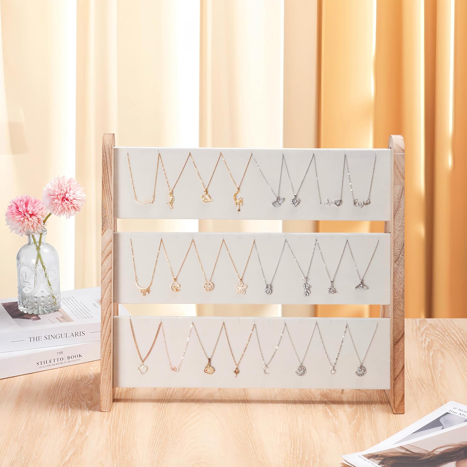 Necklace Holder 3 Tier Wood Necklace Organizer Stand with White Velvet, Necklace Display Stand for Selling, Chain Necklace Holder Rack for Show, 72 Necklaces Bracelets