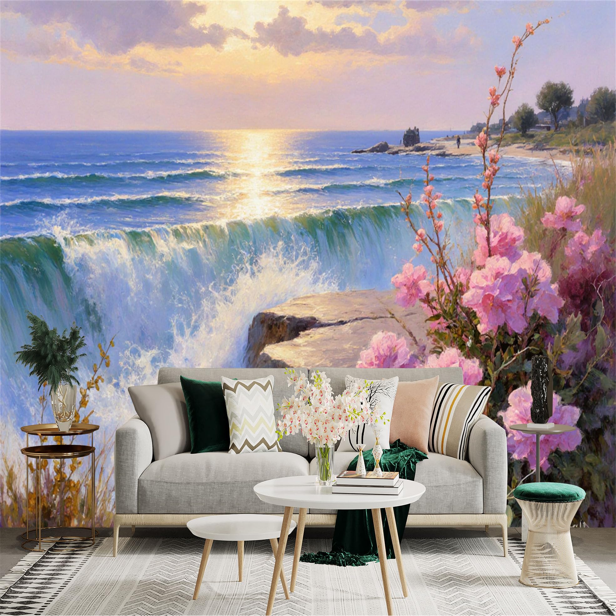 Lnzczhyre Xc260505925 Custom Size Wall Sticker Mural， Pink Floral Coastline， Ocean Waves At Sunset， Romantic Seascape With Blossoms， For Wall Decoration， Peelandstick Wall Decals.
