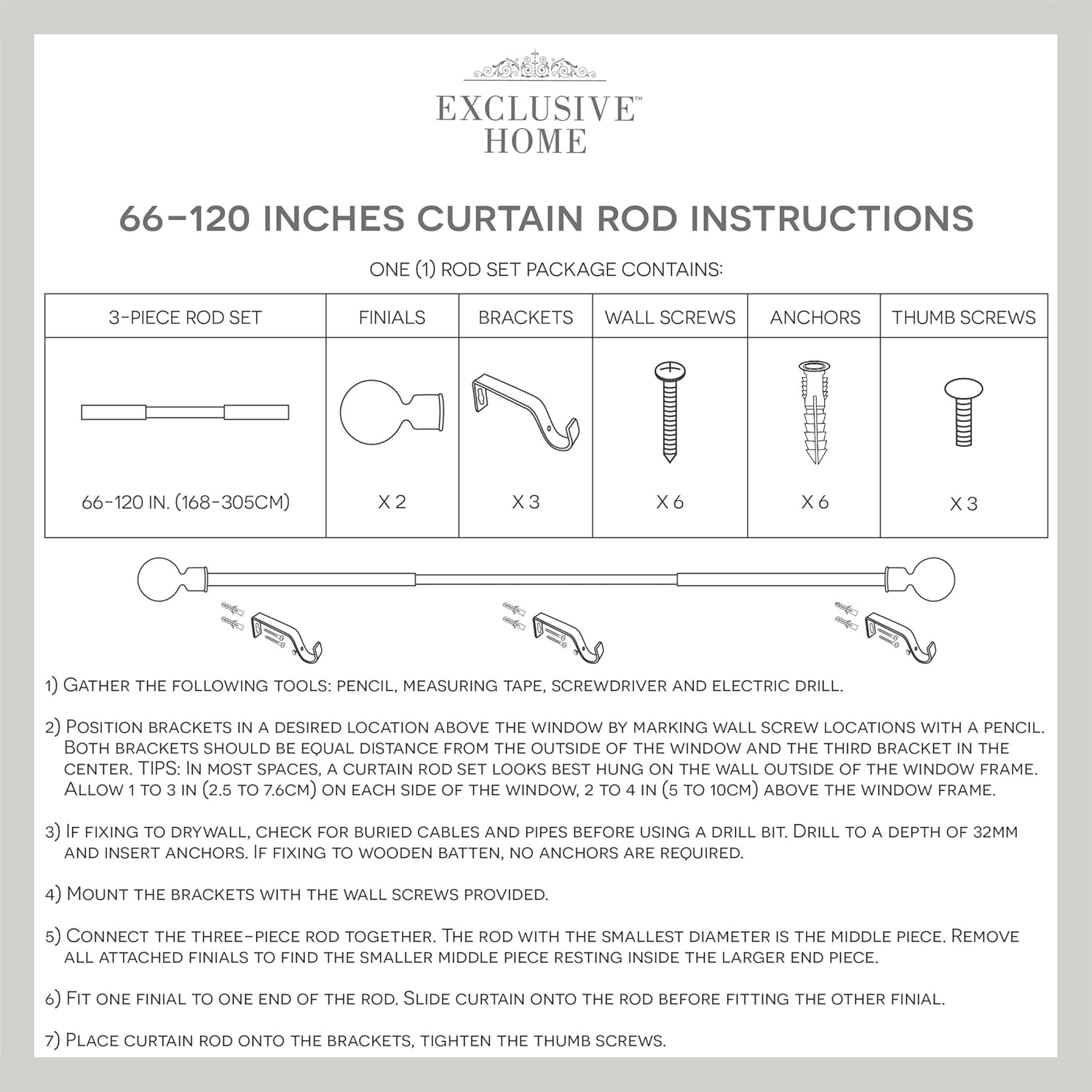 EXCLUSIVE HOME Lancelot 1" Window Curtain Rod and Finial Set, Adjustable 66"-120", Off White